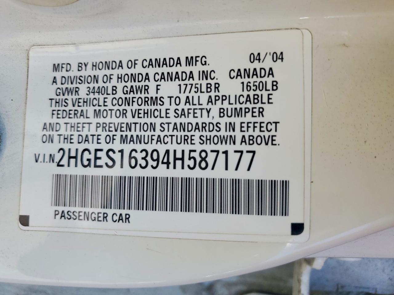 2004 Honda Civic Dx Vp White vin: 2HGES16394H587177