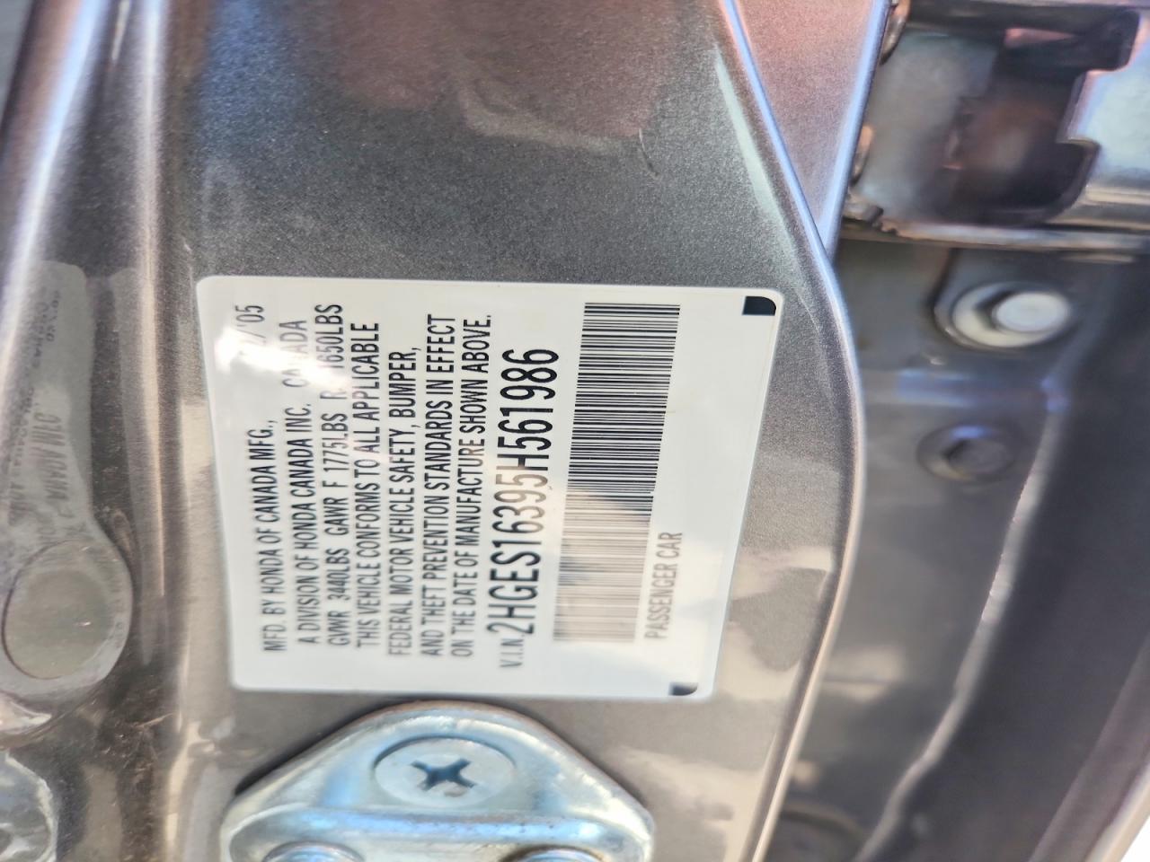 2005 Honda Civic Dx Vp Gray vin: 2HGES16395H561986