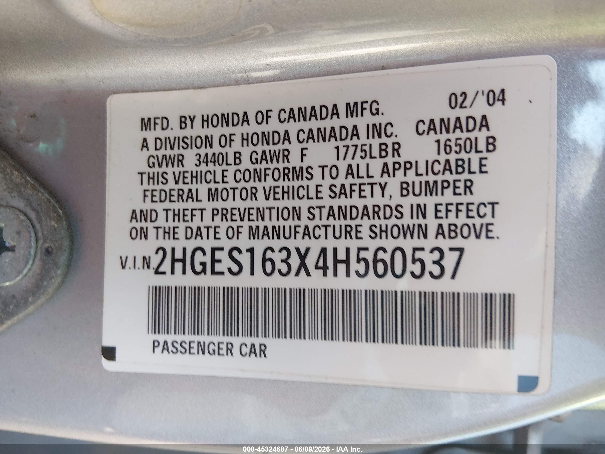 2004 Honda Civic Vp Silver vin: 2HGES163X4H560537