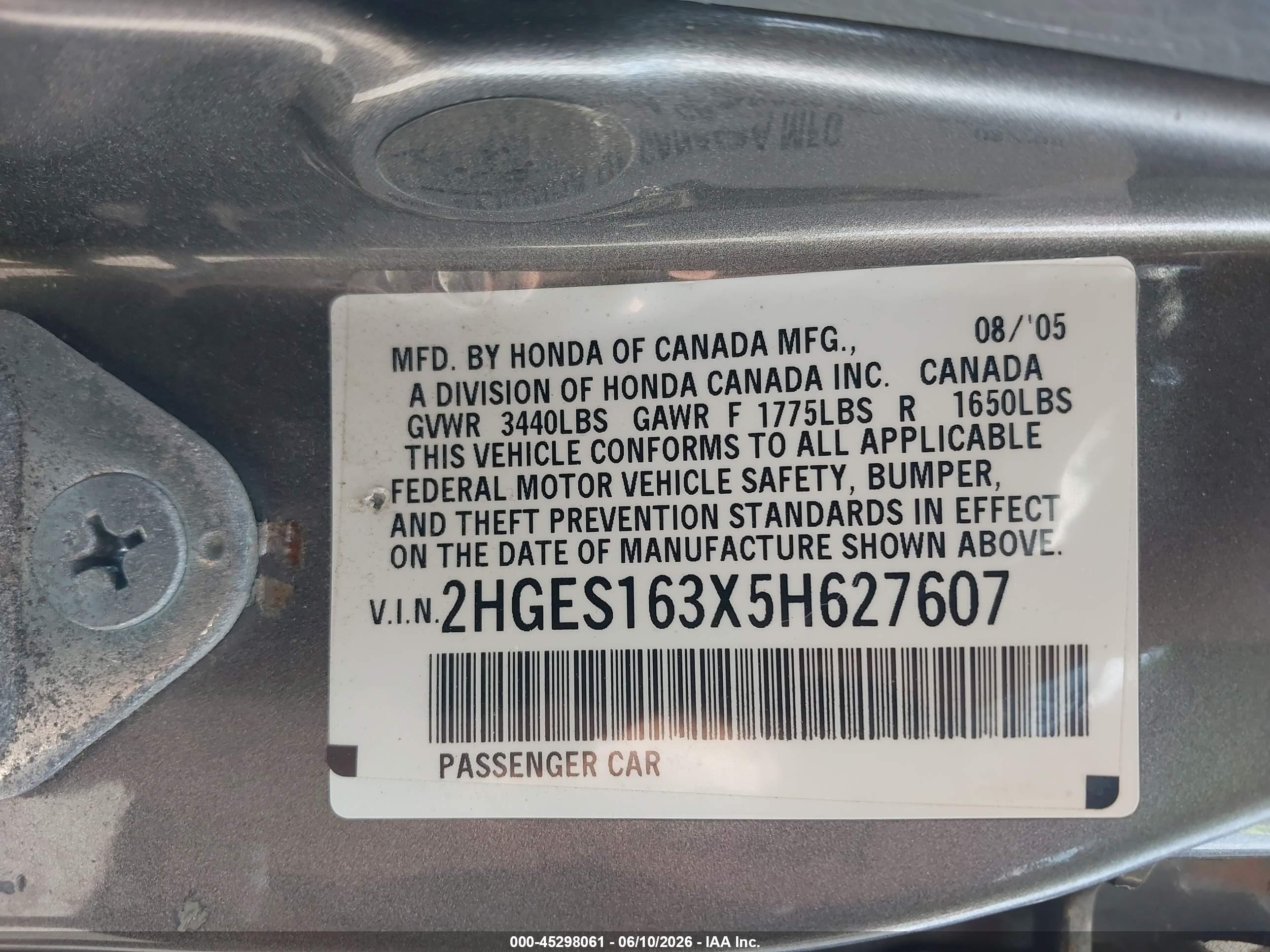 2005 Honda Civic Vp Gray vin: 2HGES163X5H627607