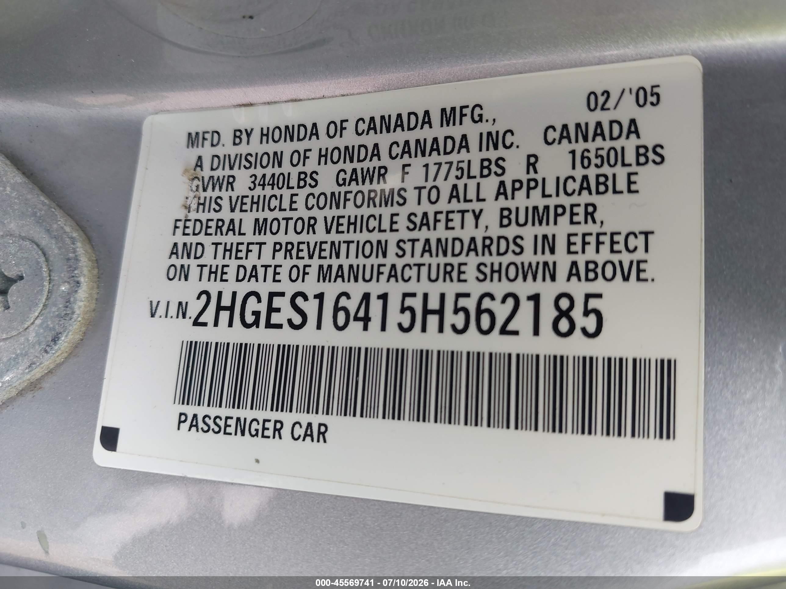 2005 Honda Civic Vp Серебряный vin: 2HGES16415H562185