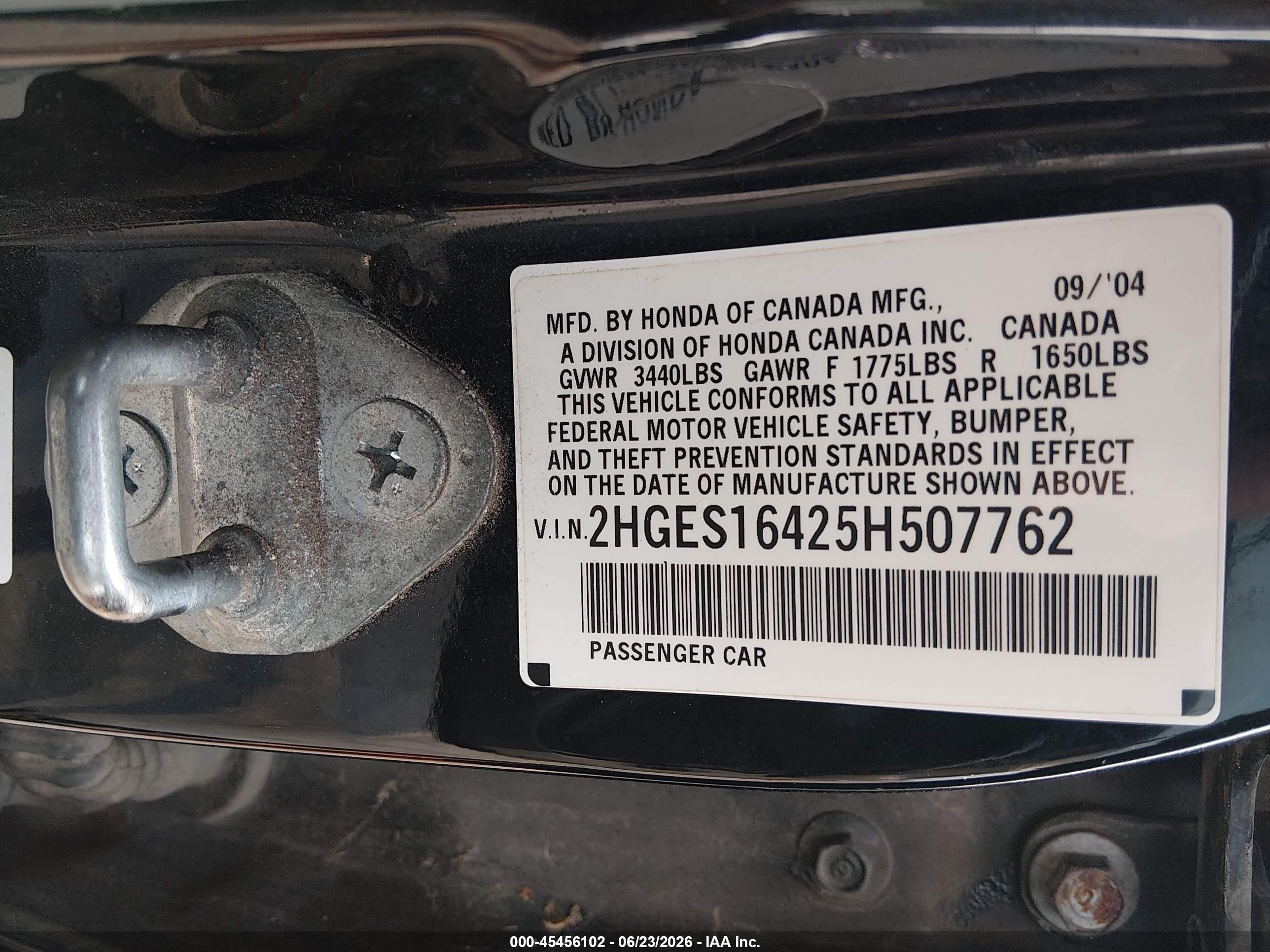 2005 Honda Civic Vp Black vin: 2HGES16425H507762