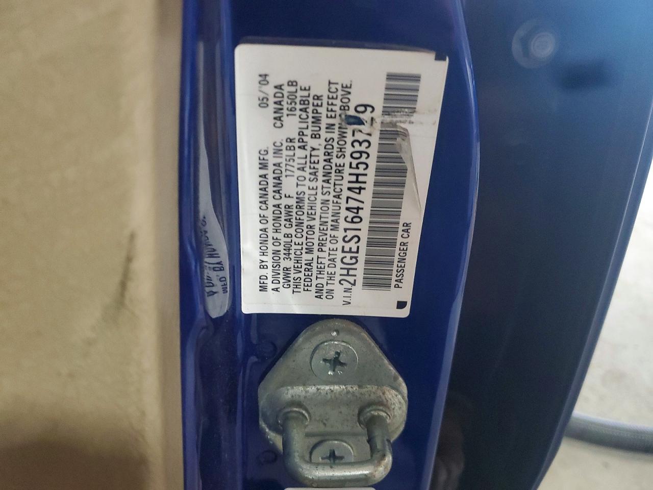 2004 Honda Civic Dx Blue vin: 2HGES16474H593729
