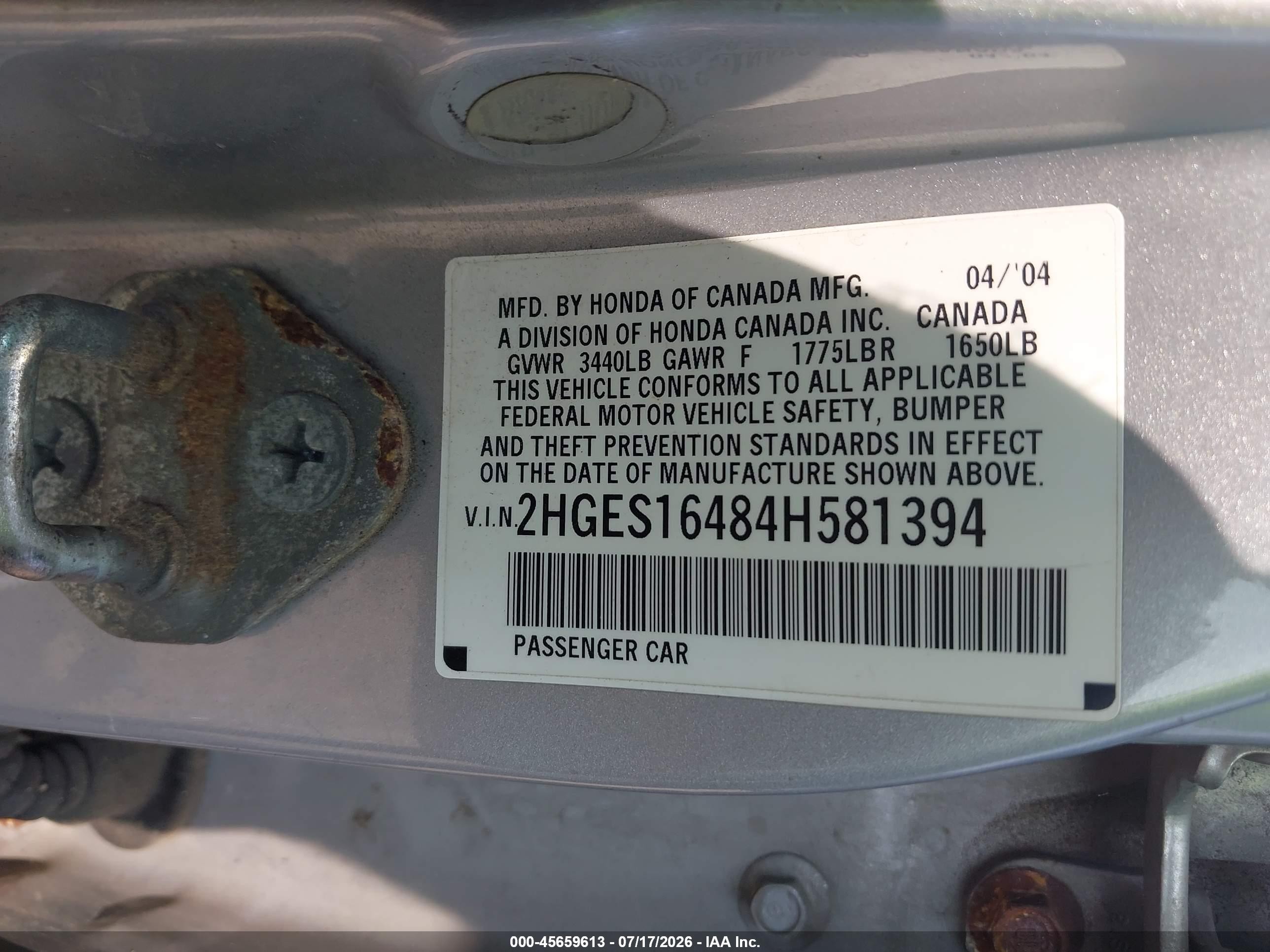 2004 Honda Civic Vp Silver vin: 2HGES16484H581394