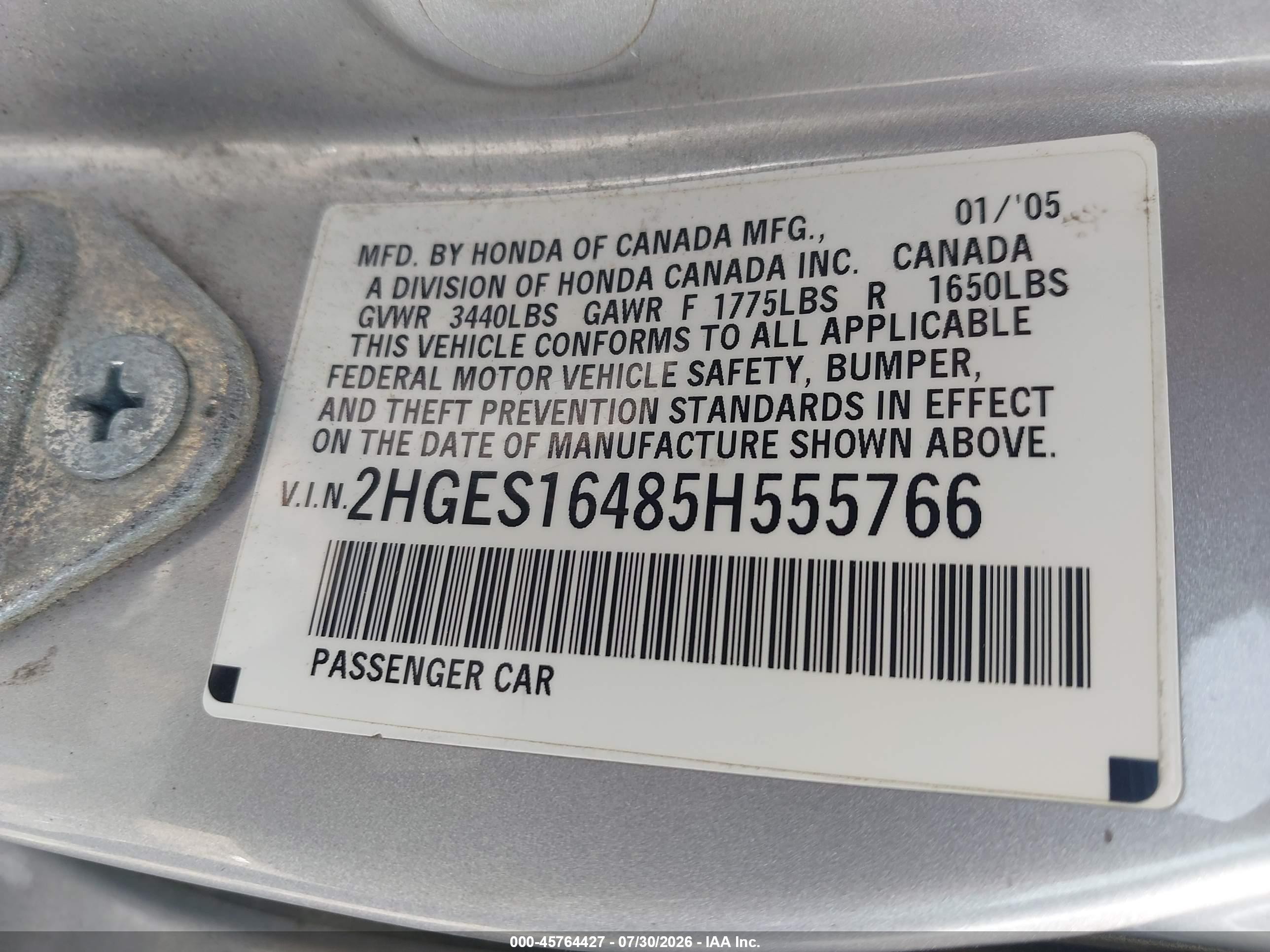 2005 Honda Civic Vp Silver vin: 2HGES16485H555766
