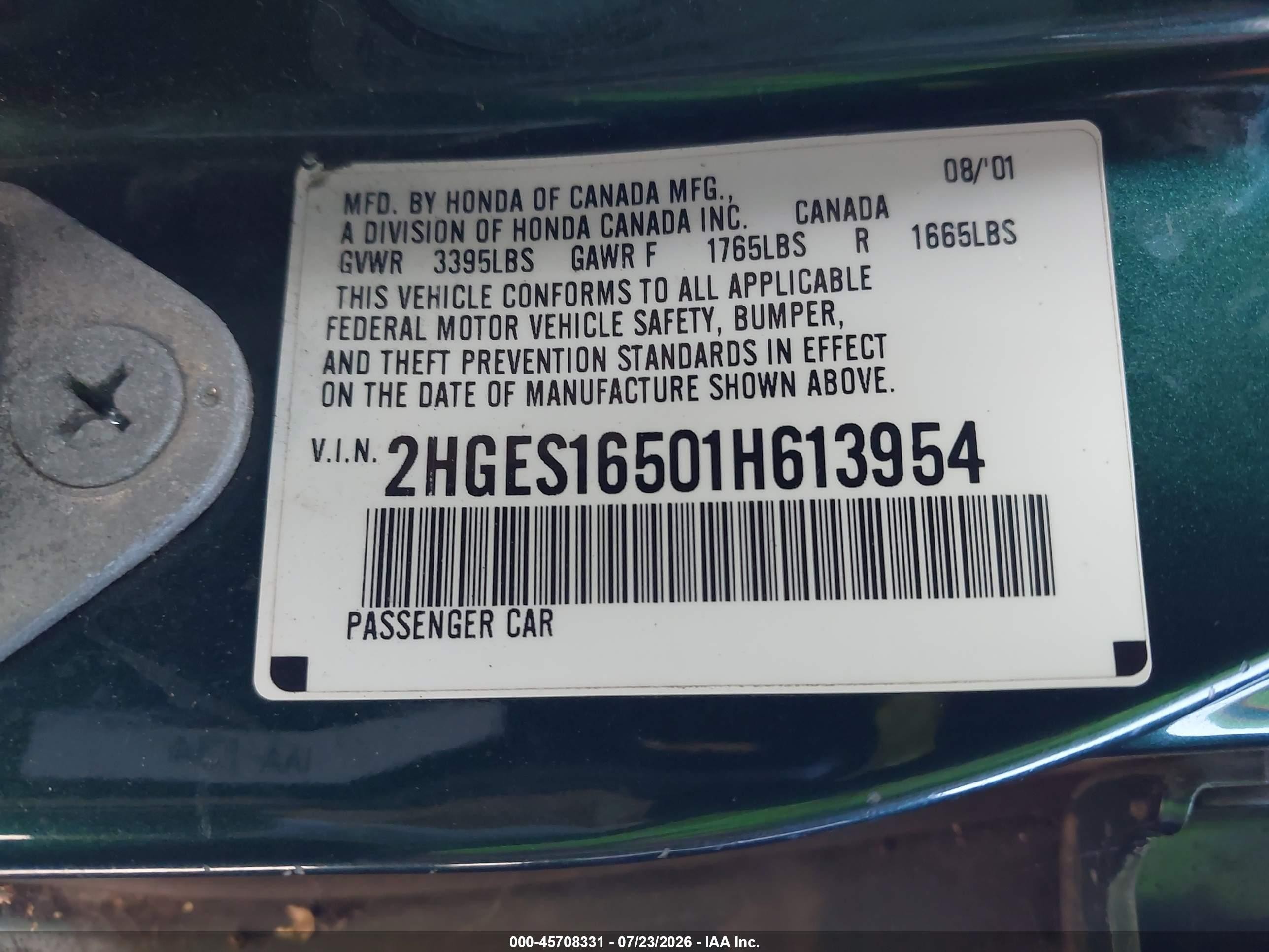 2001 Honda Civic Lx Green vin: 2HGES16501H613954