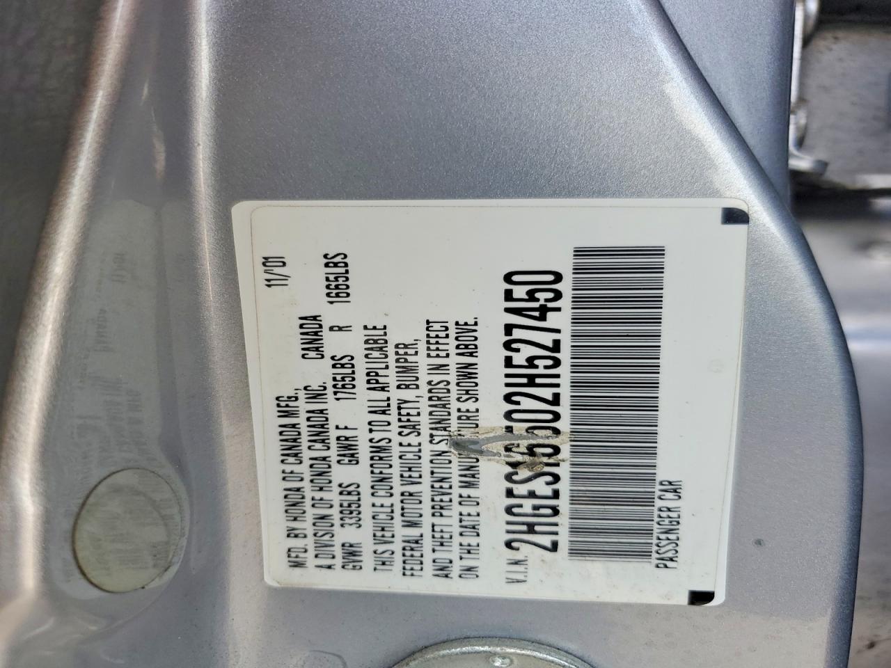 2002 Honda Civic Lx Silver vin: 2HGES16502H527450