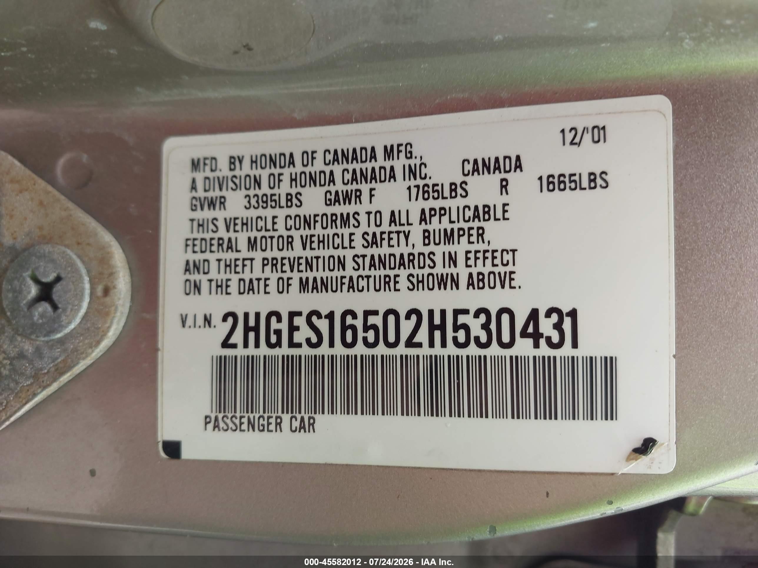 2002 Honda Civic Lx Золотой vin: 2HGES16502H530431