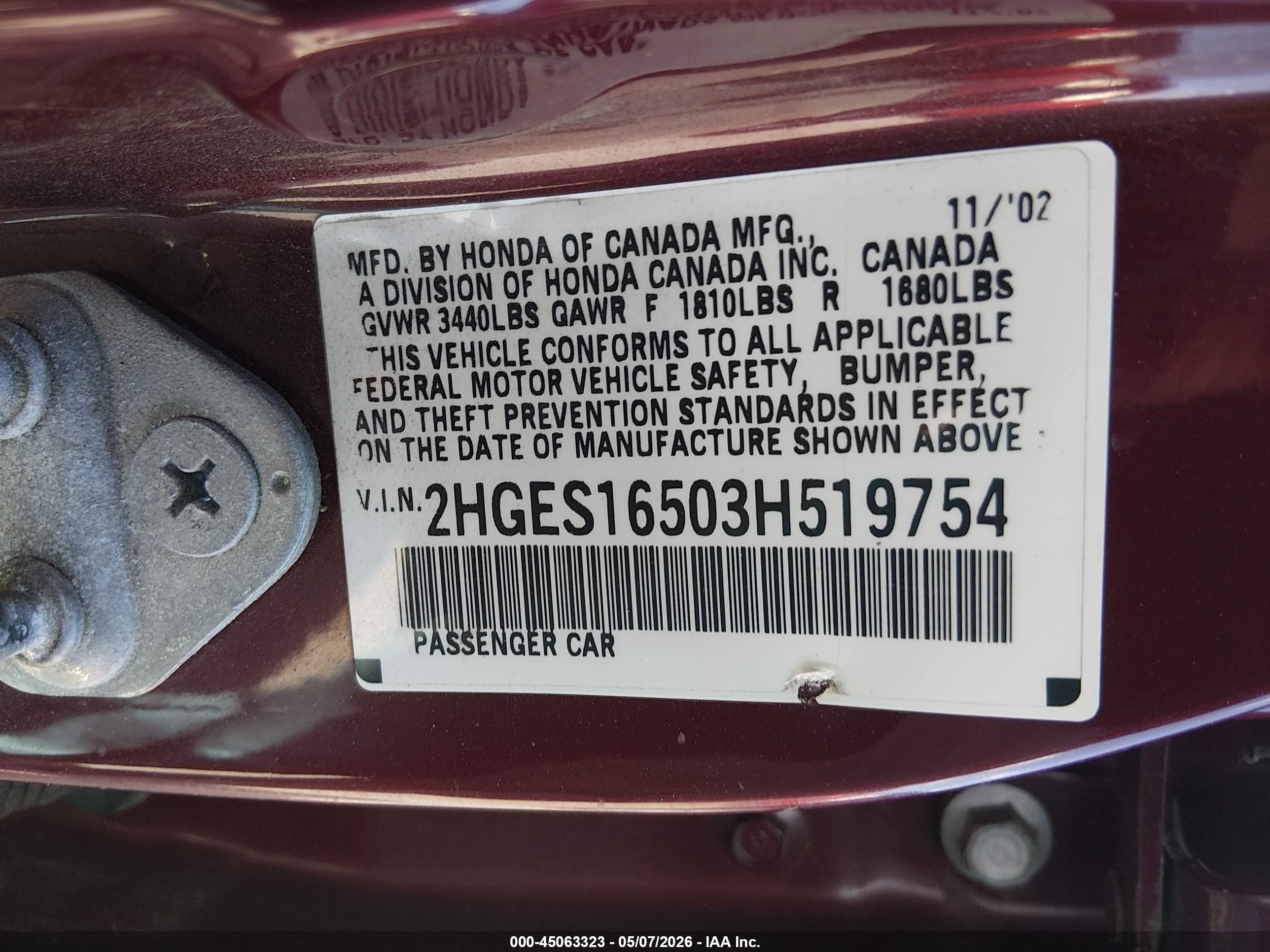 2003 Honda Civic Lx Maroon vin: 2HGES16503H519754