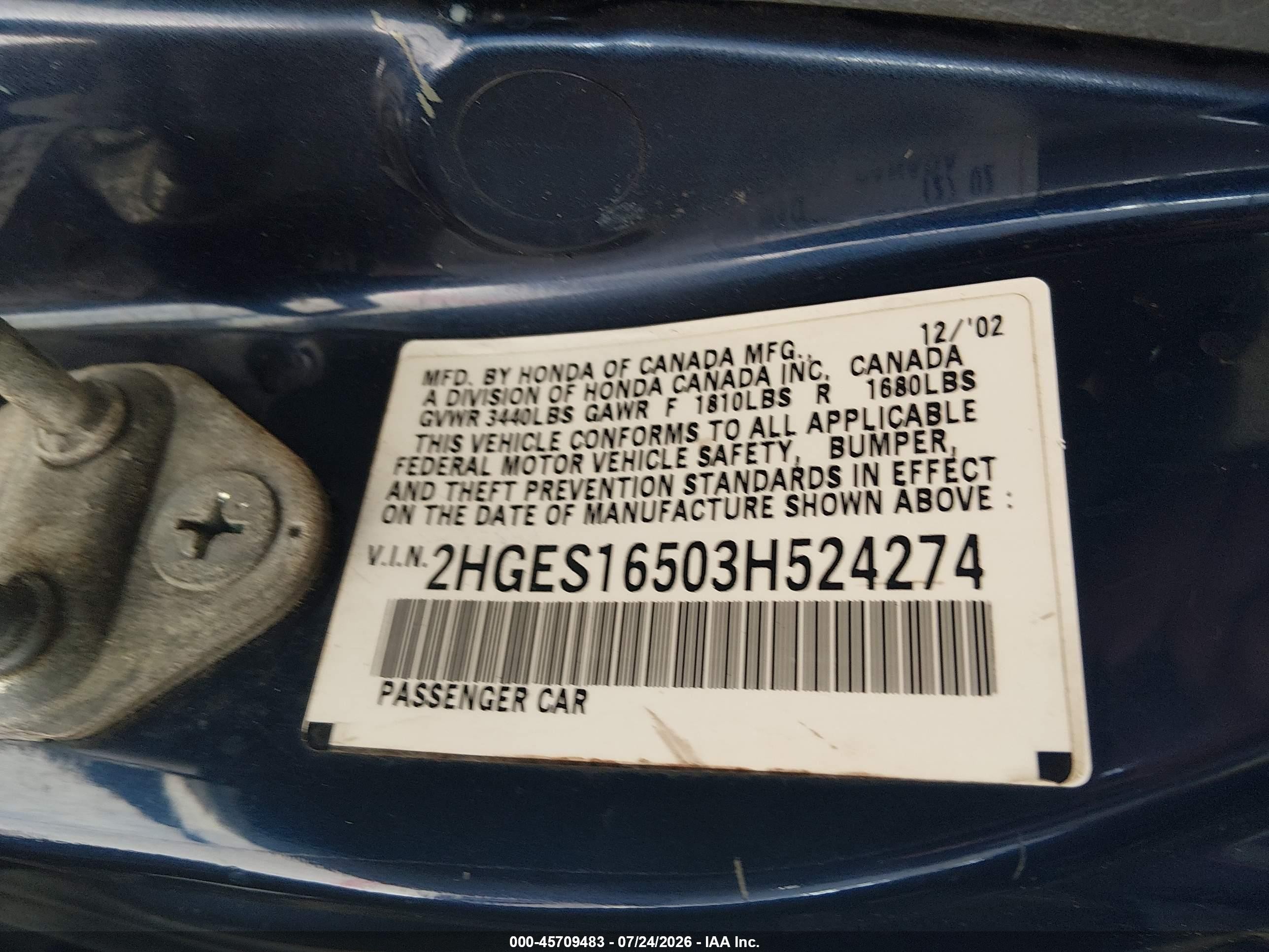 2003 Honda Civic Lx Blue vin: 2HGES16503H524274