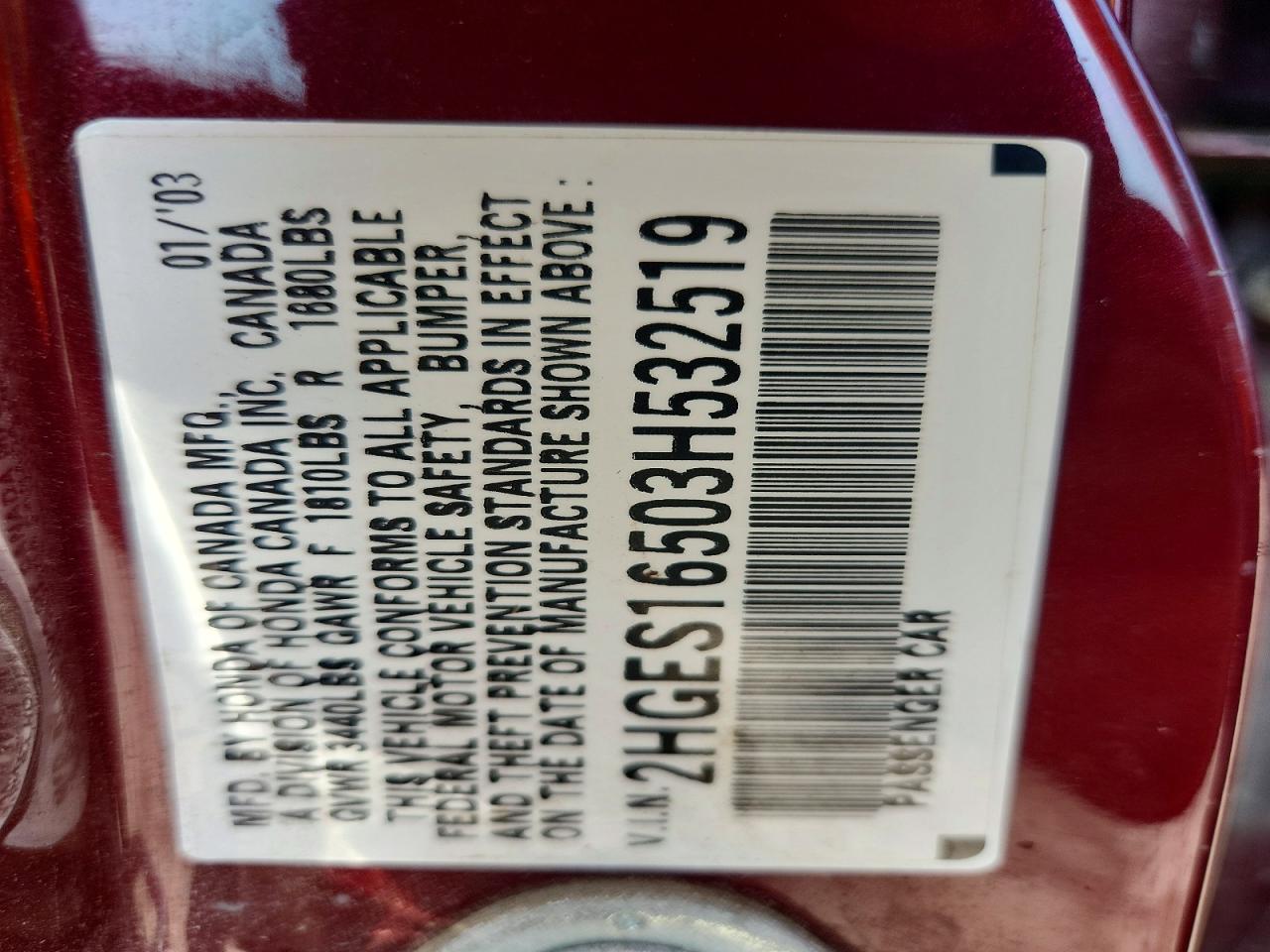 2003 Honda Civic Lx Maroon vin: 2HGES16503H532519
