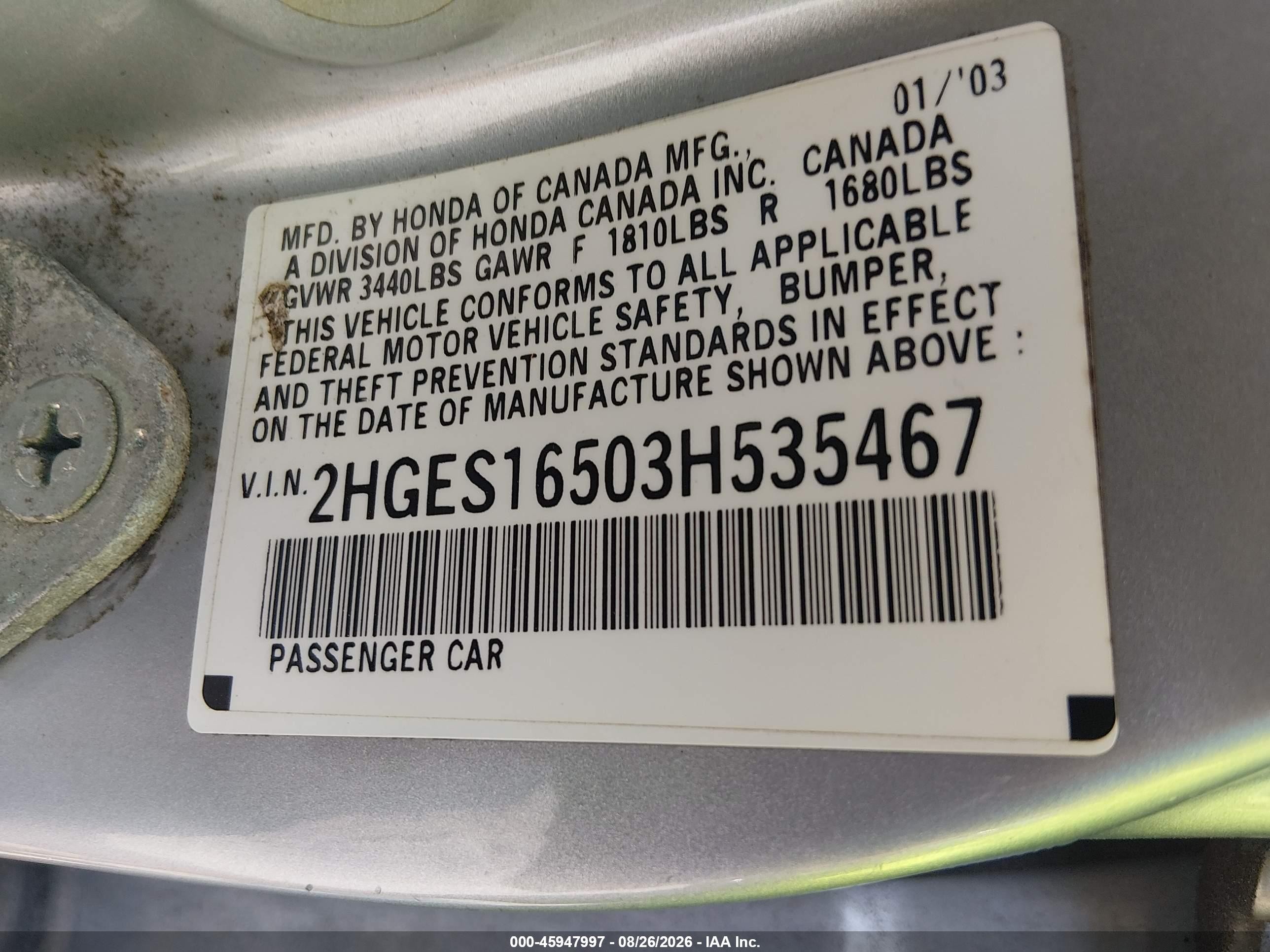 2003 Honda Civic Lx Gray vin: 2HGES16503H535467