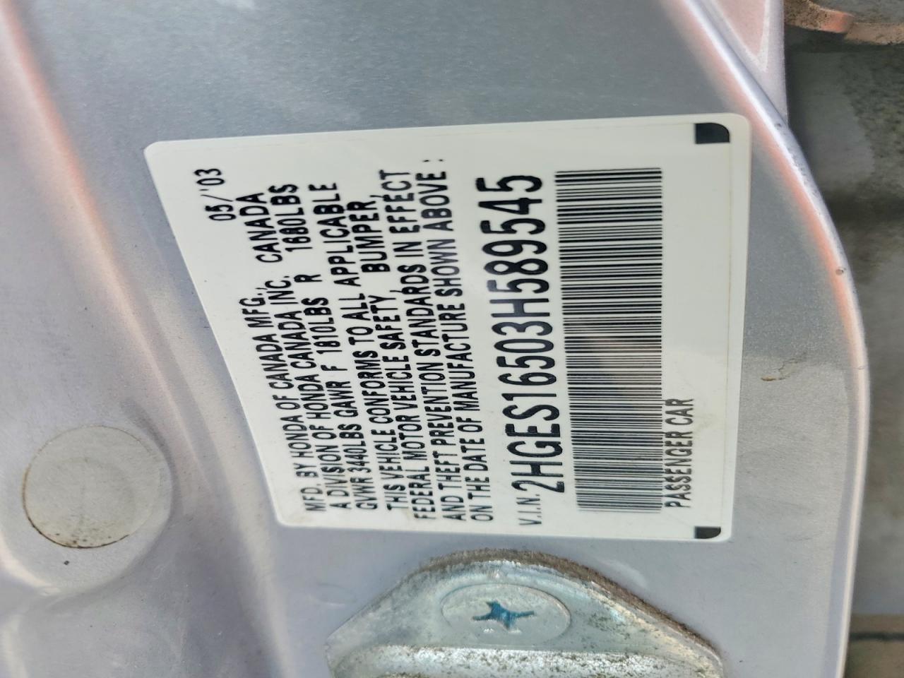 2003 Honda Civic 4d Серебряный vin: 2HGES16503H589545