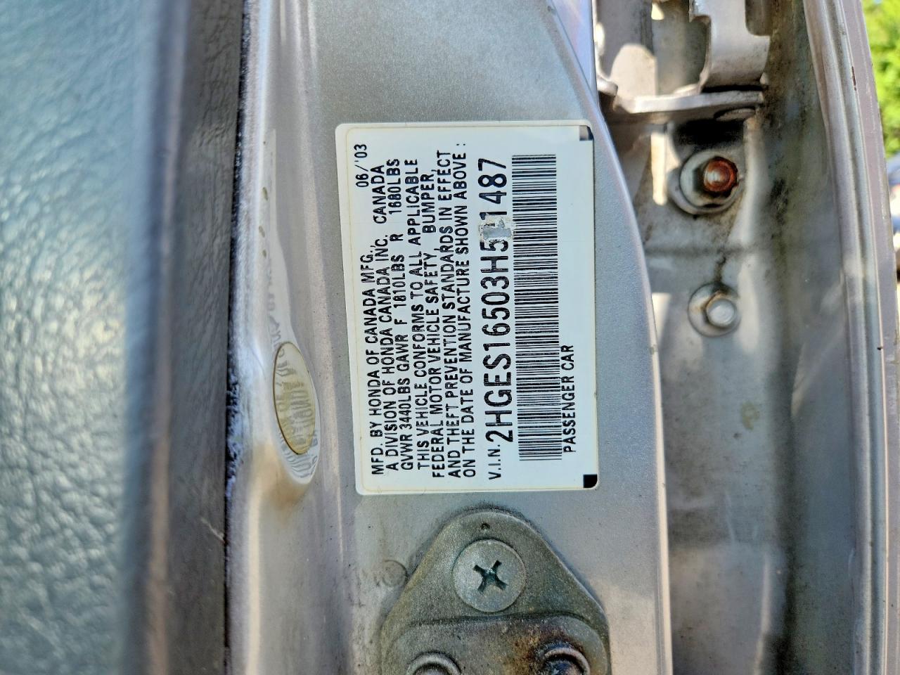 2003 Honda Civic Silver vin: 2HGES16503H591487