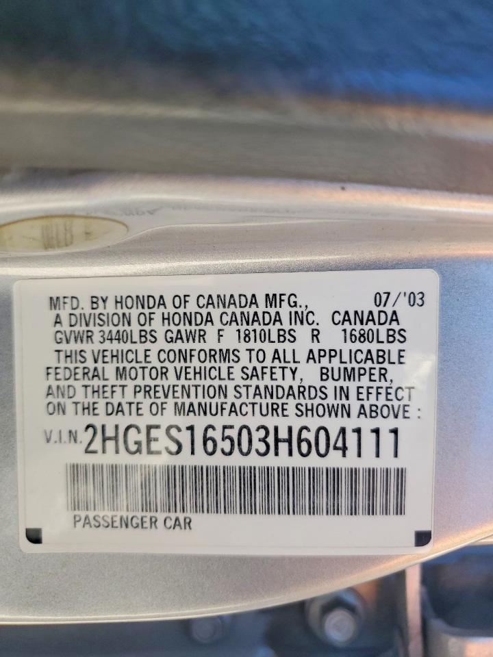 2003 Honda Civic Lx Silver vin: 2HGES16503H604111