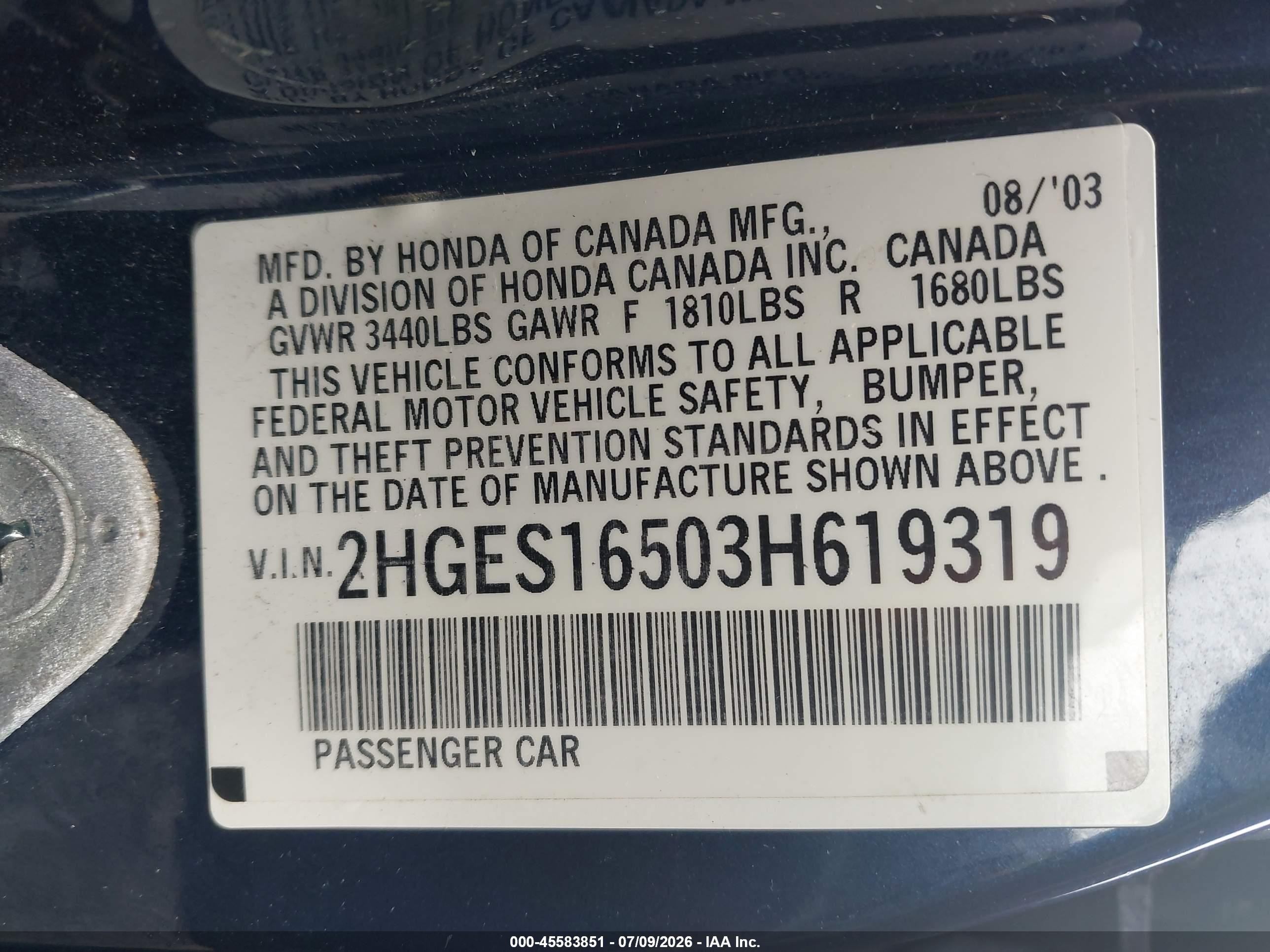 2003 Honda Civic Lx Blue vin: 2HGES16503H619319