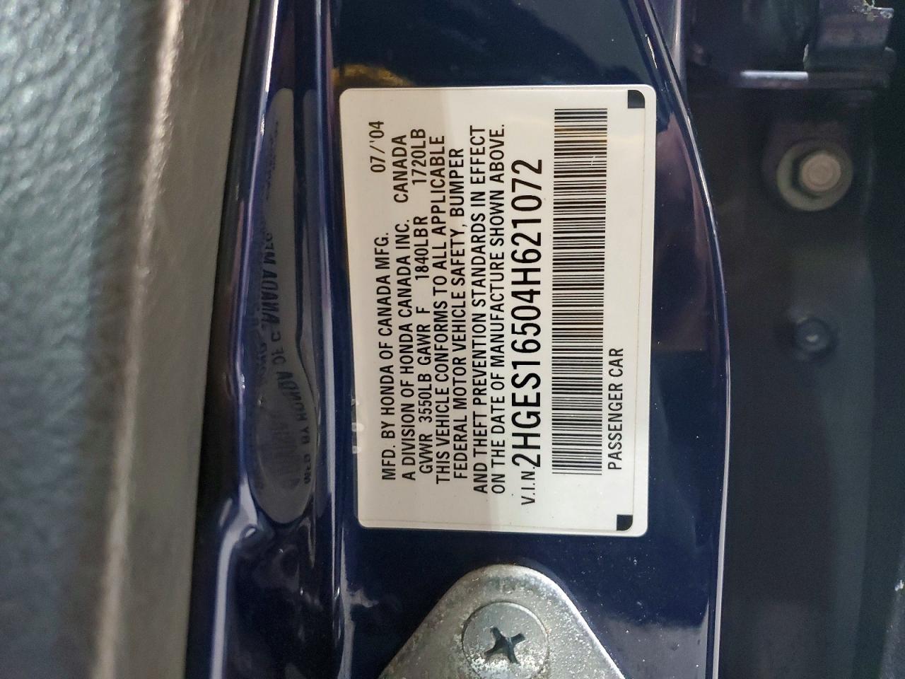 2004 Honda Civic Lx Blue vin: 2HGES16504H621072