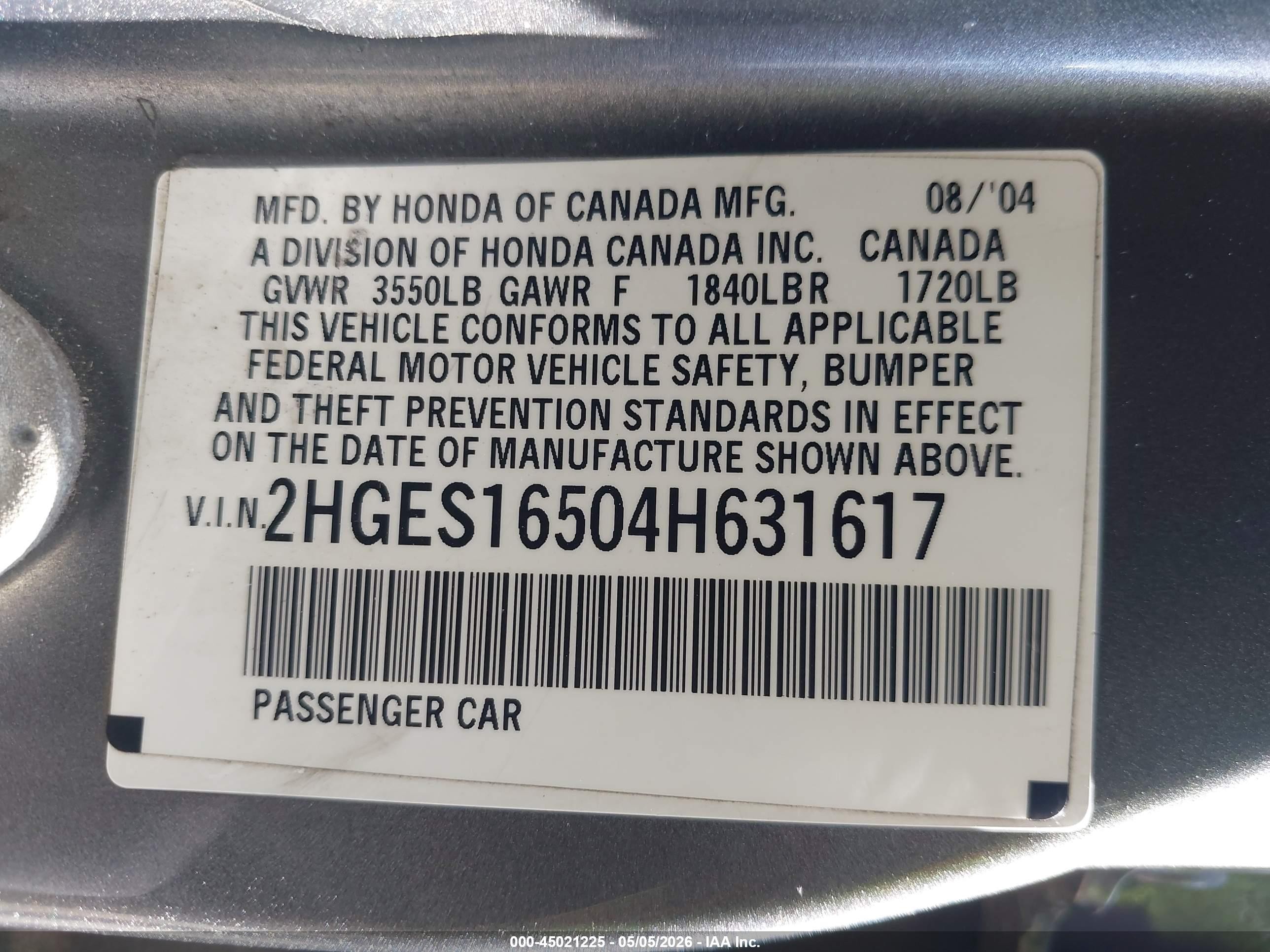 2004 Honda Civic Lx Желто-коричневый vin: 2HGES16504H631617