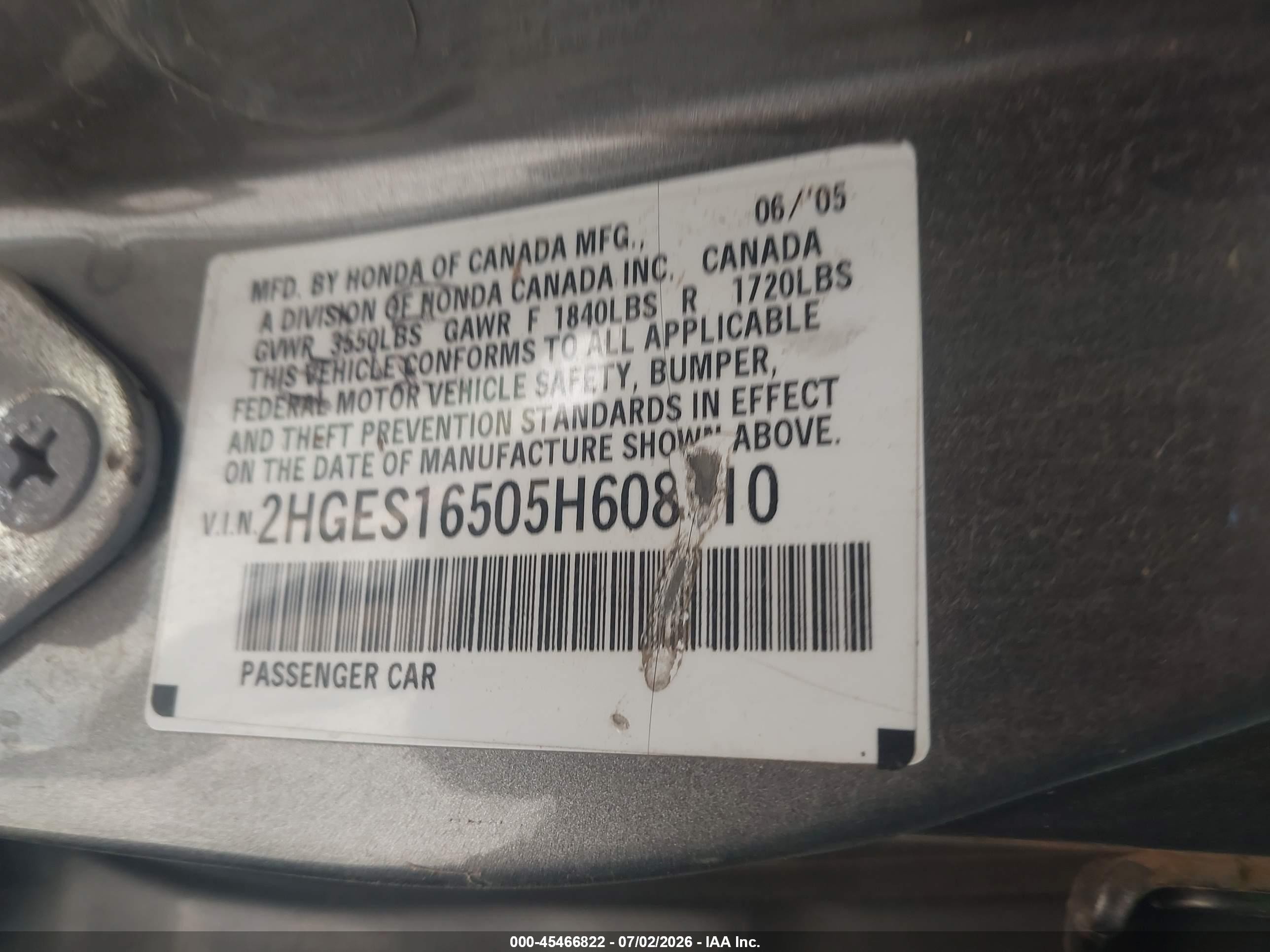 2005 Honda Civic Lx Серый vin: 2HGES16505H608310