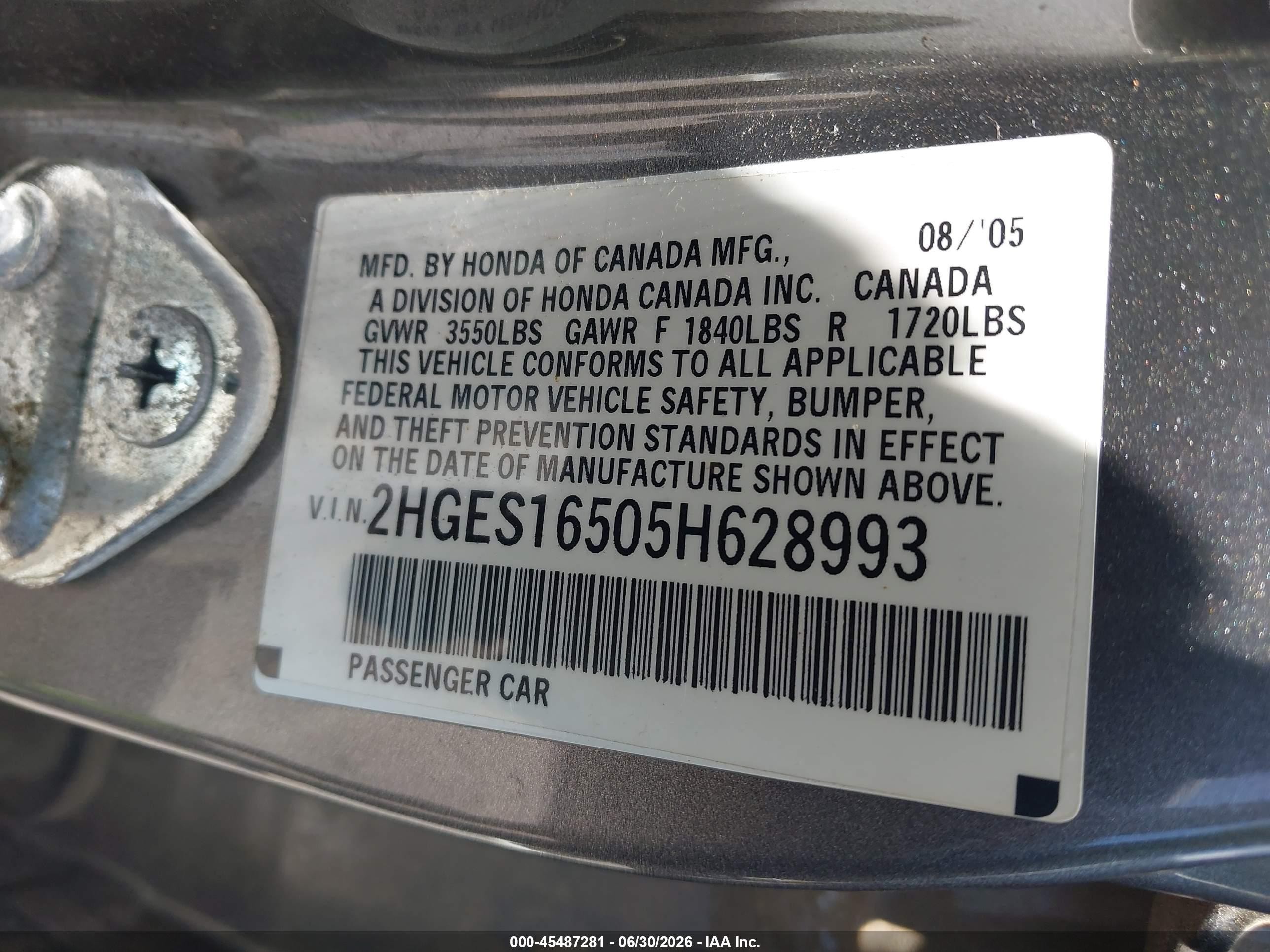 2005 Honda Civic Lx Gray vin: 2HGES16505H628993