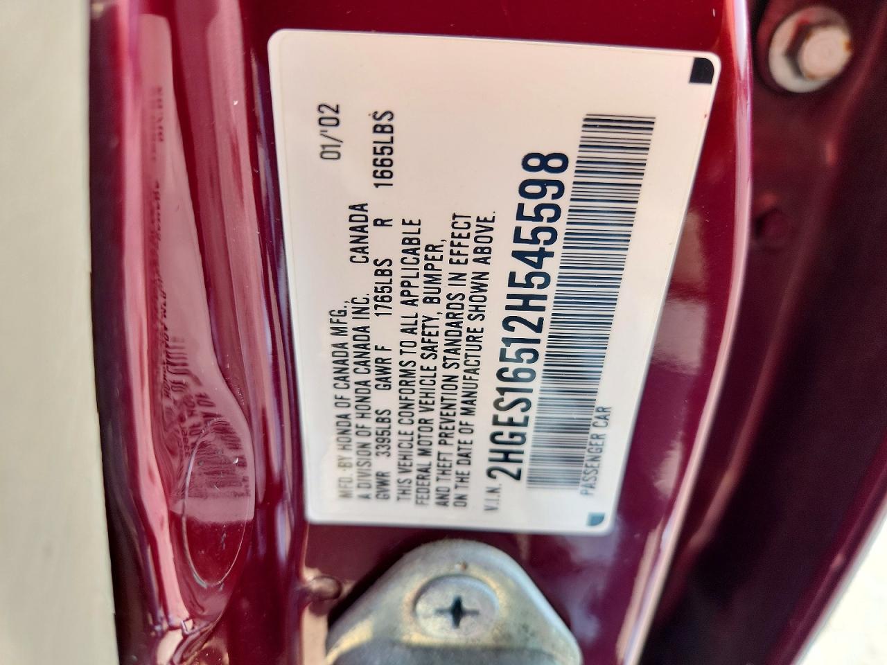 2002 Honda Civic Lx Red vin: 2HGES16512H545598