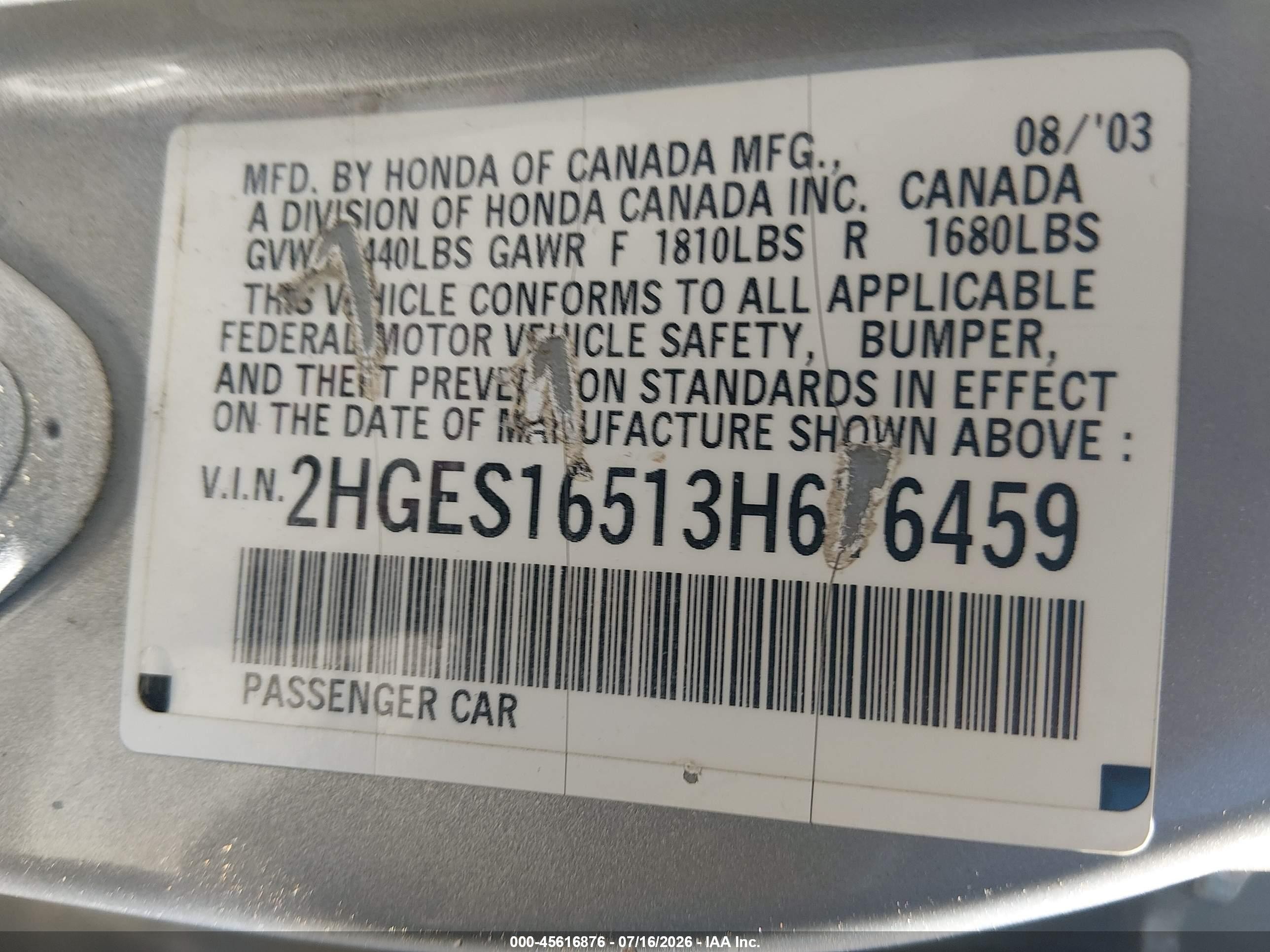 2003 Honda Civic Lx Silver vin: 2HGES16513H616459