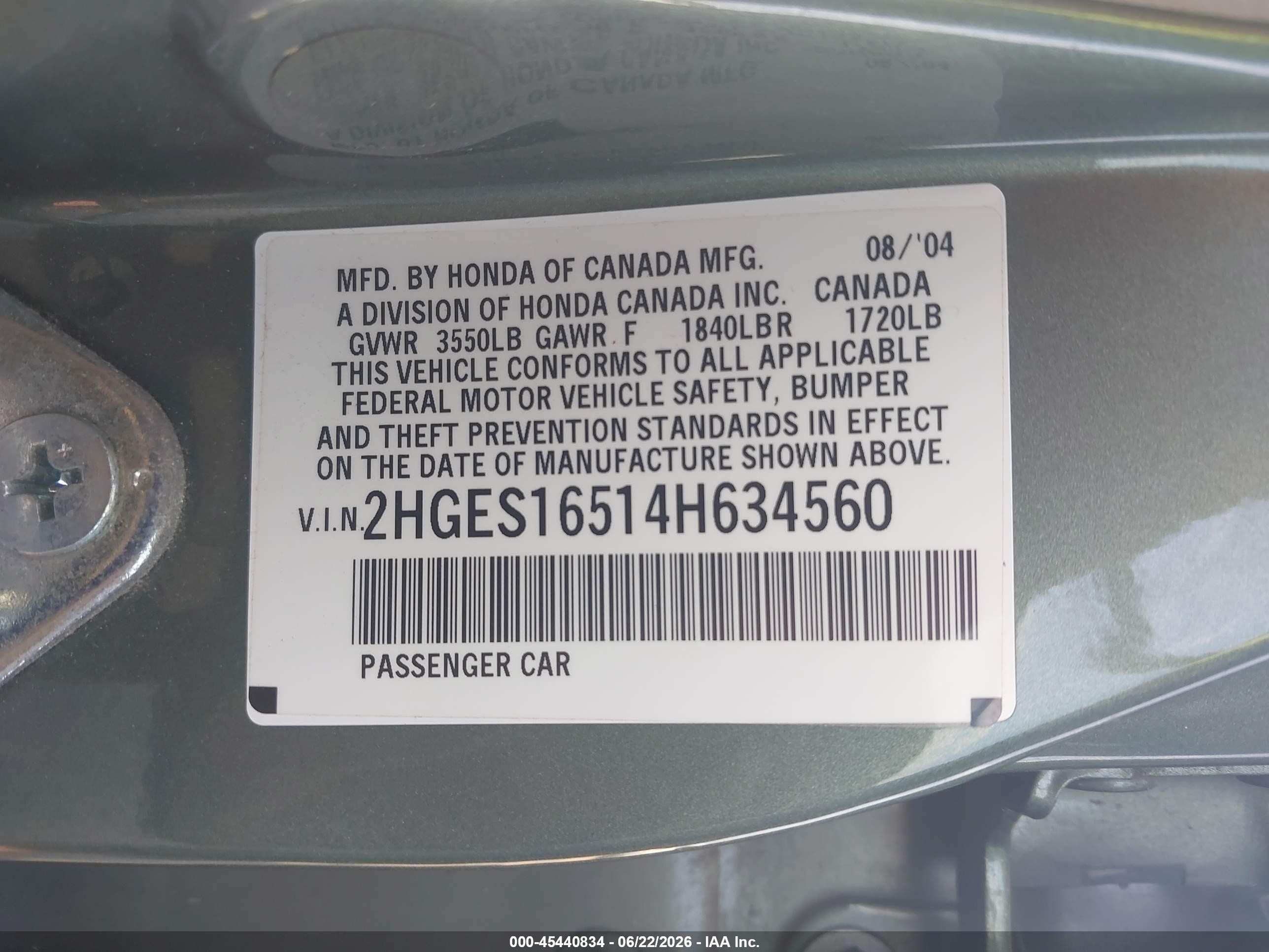 2004 Honda Civic Lx Green vin: 2HGES16514H634560