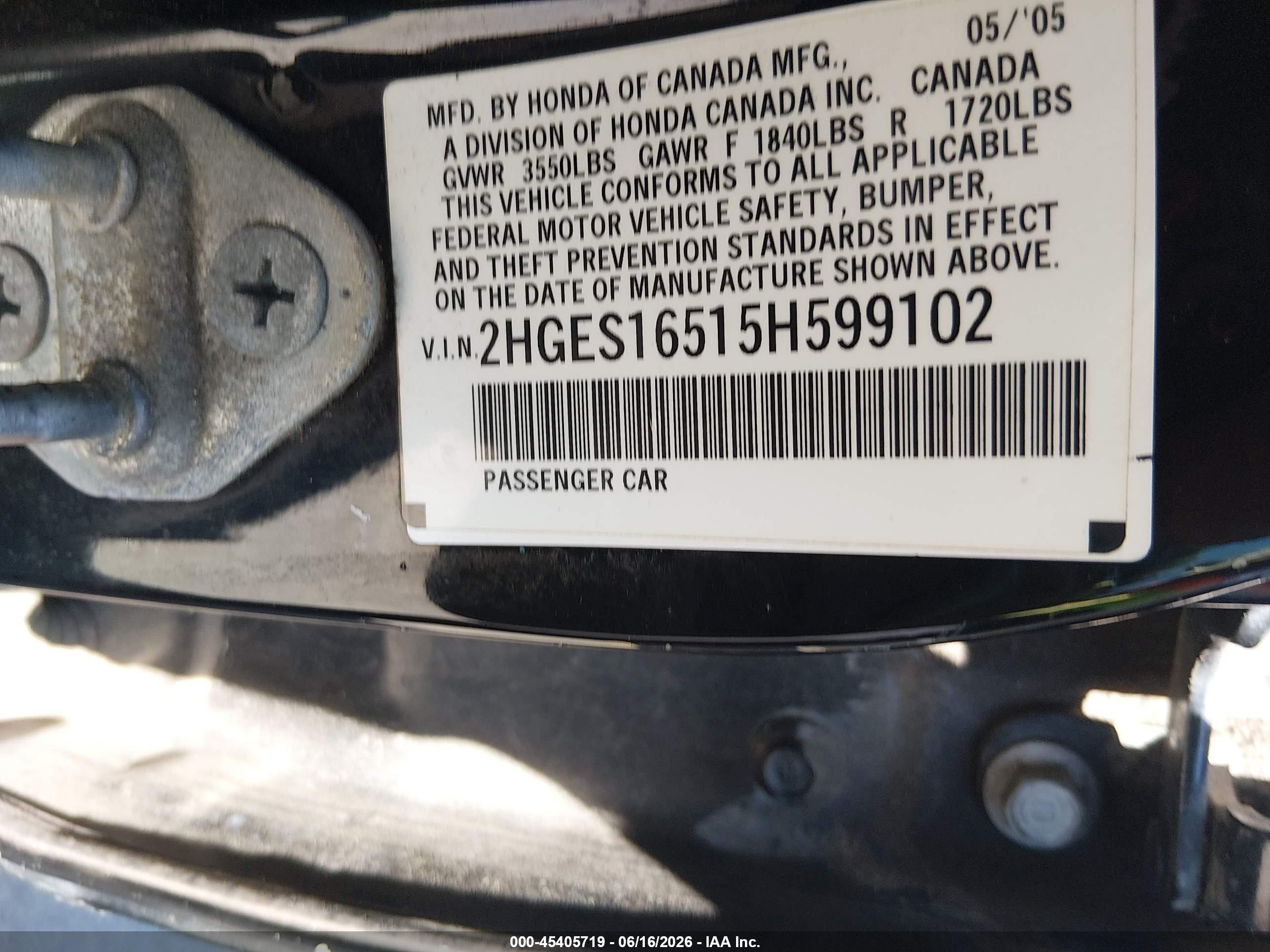 2005 Honda Civic Lx Black vin: 2HGES16515H599102