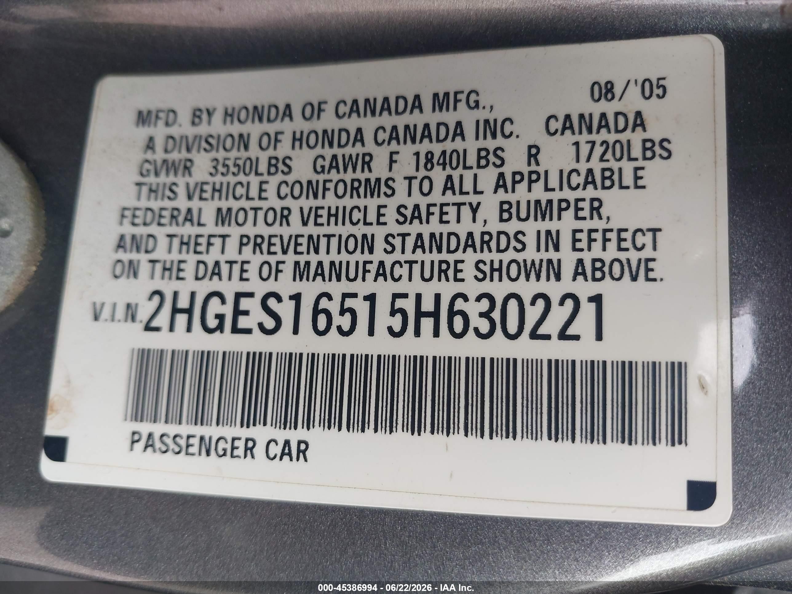 2005 Honda Civic Lx Gray vin: 2HGES16515H630221