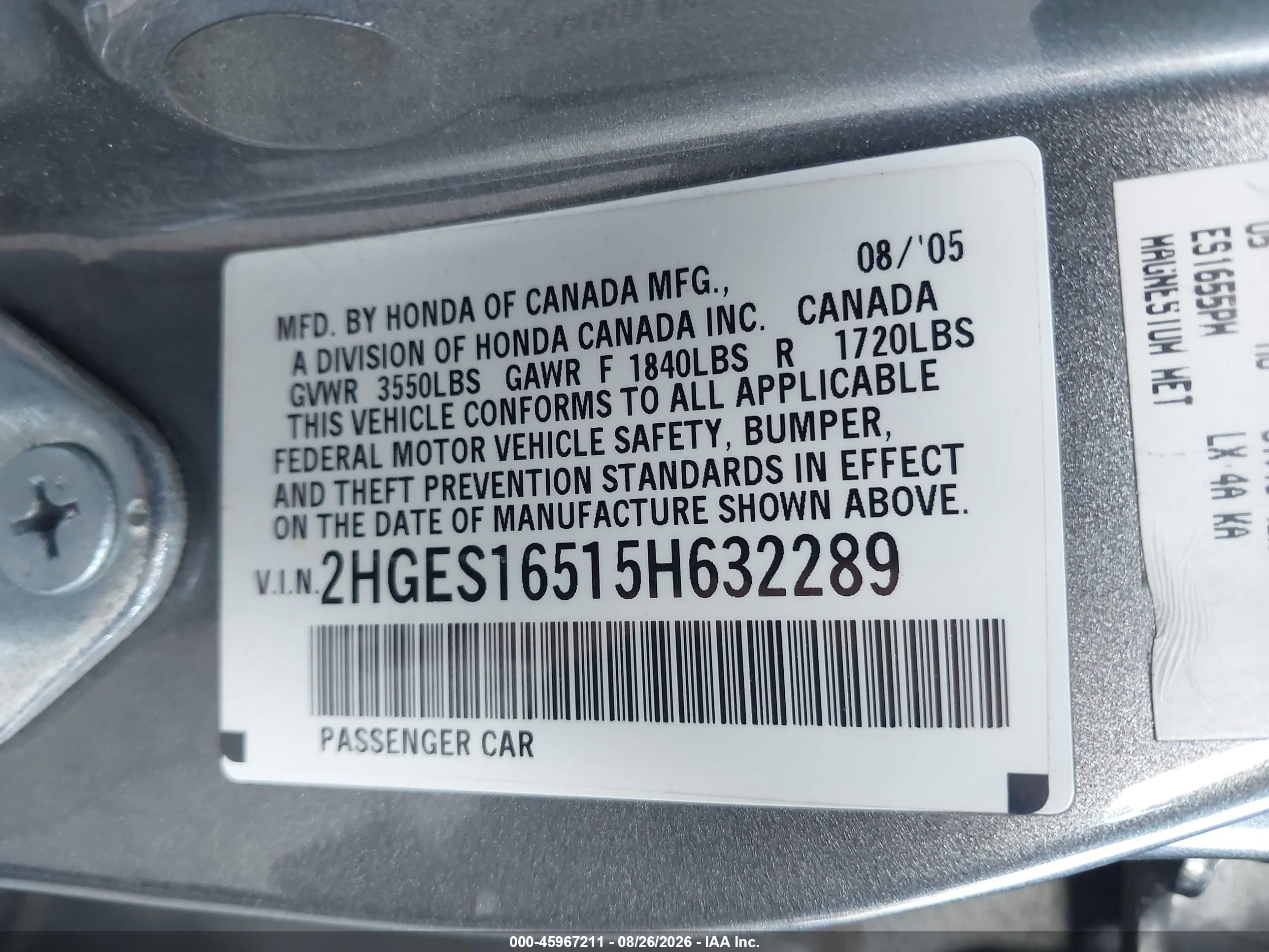 2005 Honda Civic Lx Gray vin: 2HGES16515H632289