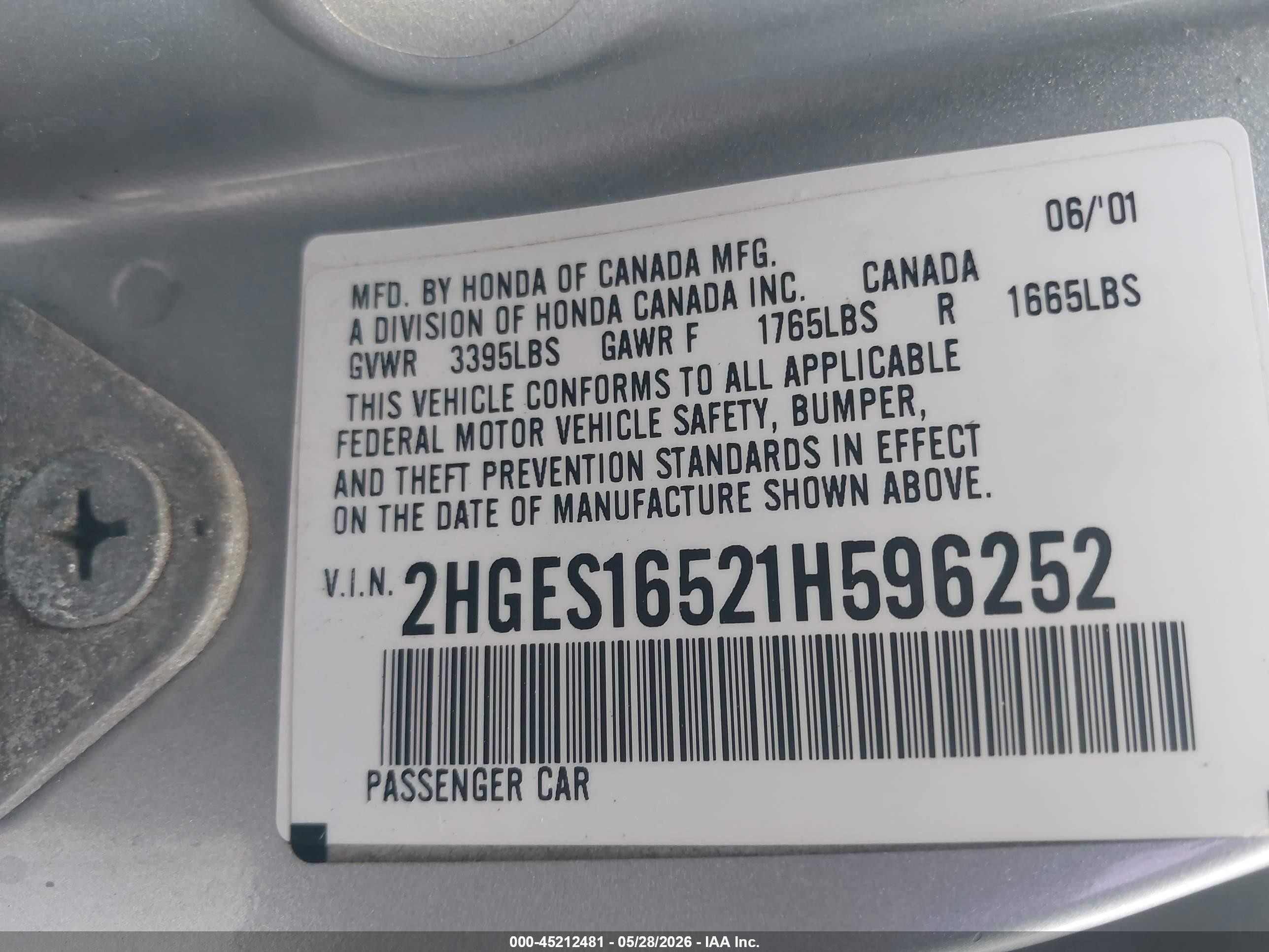 2001 Honda Civic Lx Silver vin: 2HGES16521H596252