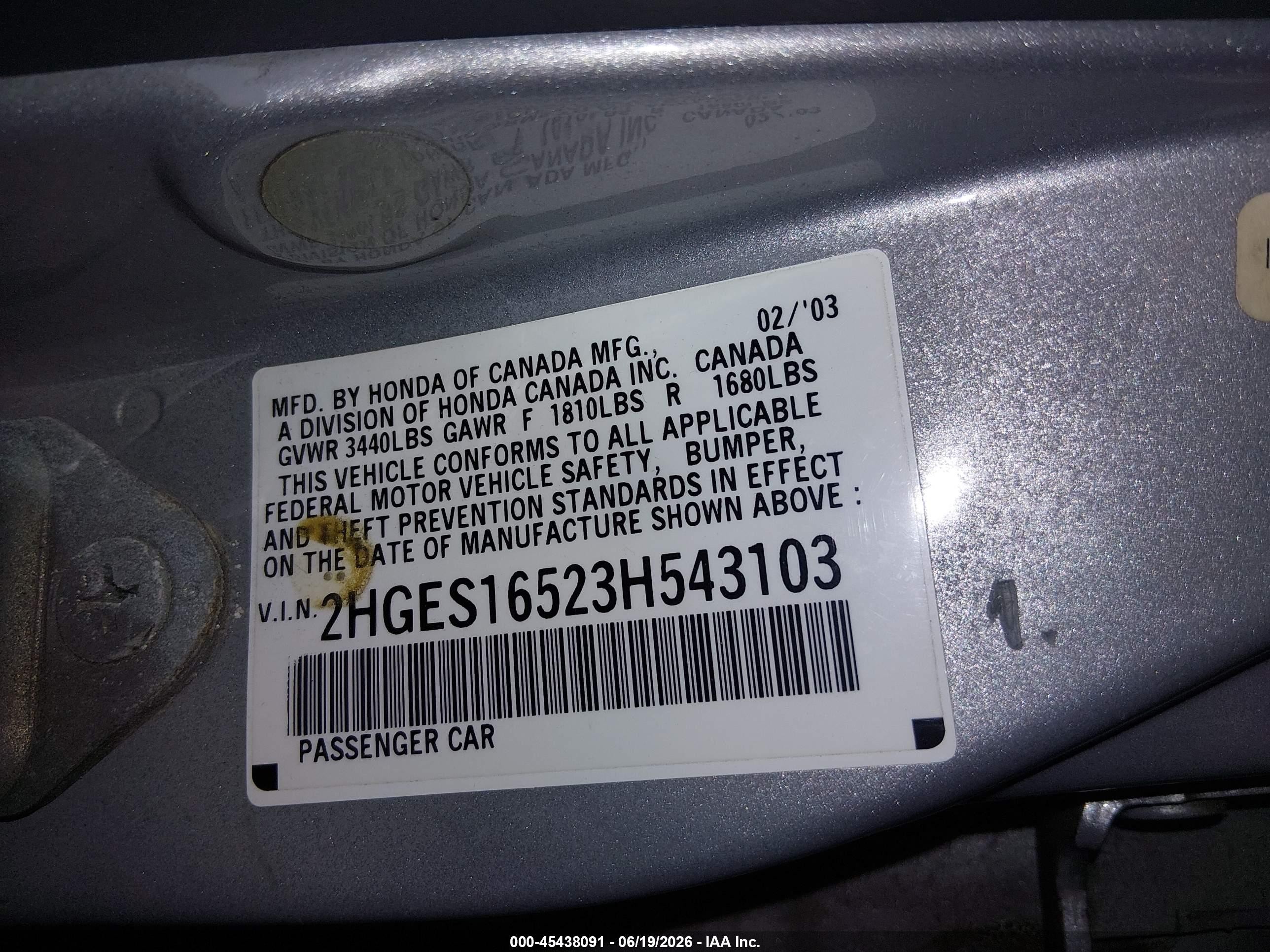 2003 Honda Civic Lx Silver vin: 2HGES16523H543103