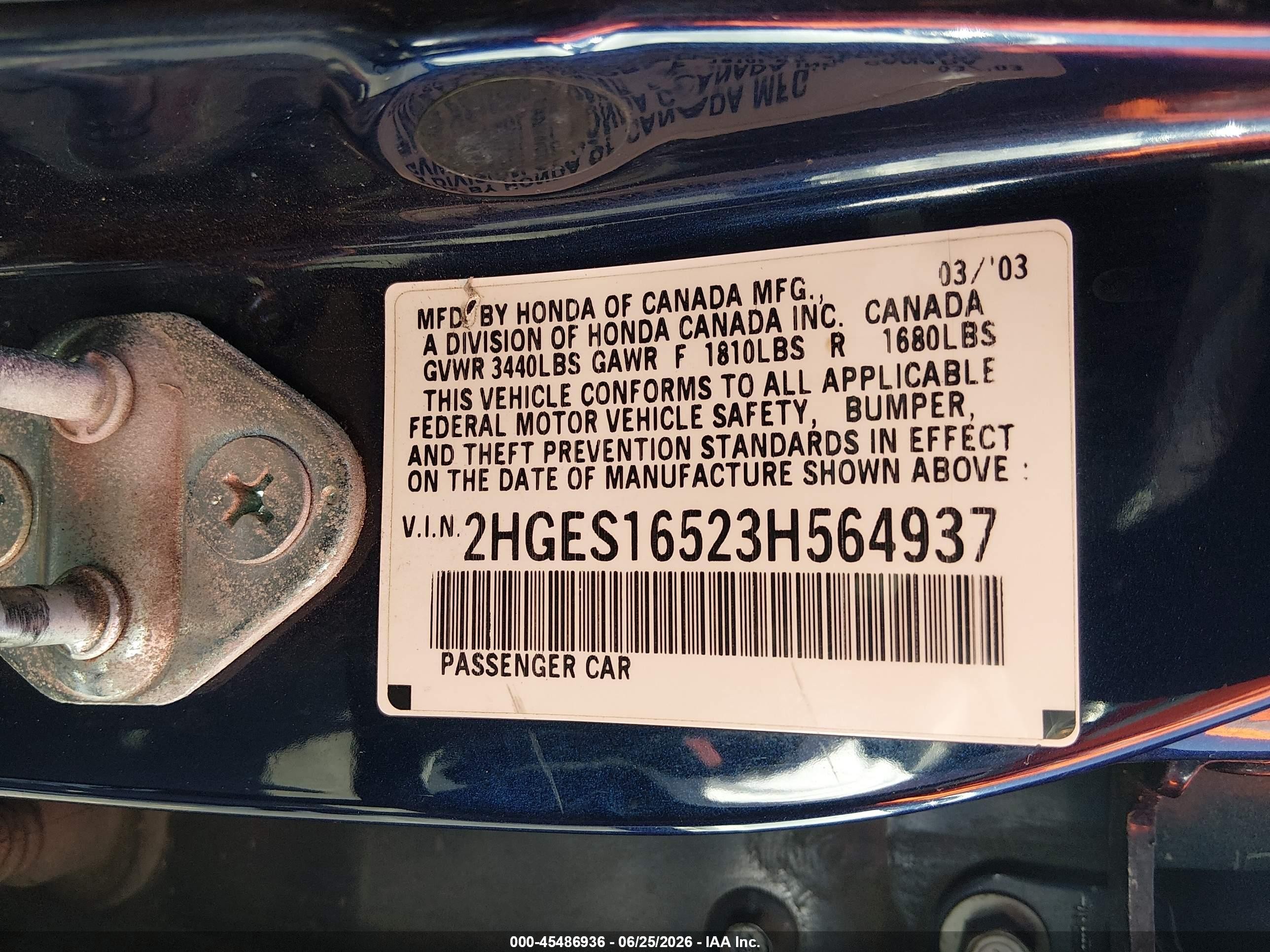 2003 Honda Civic Lx Blue vin: 2HGES16523H564937