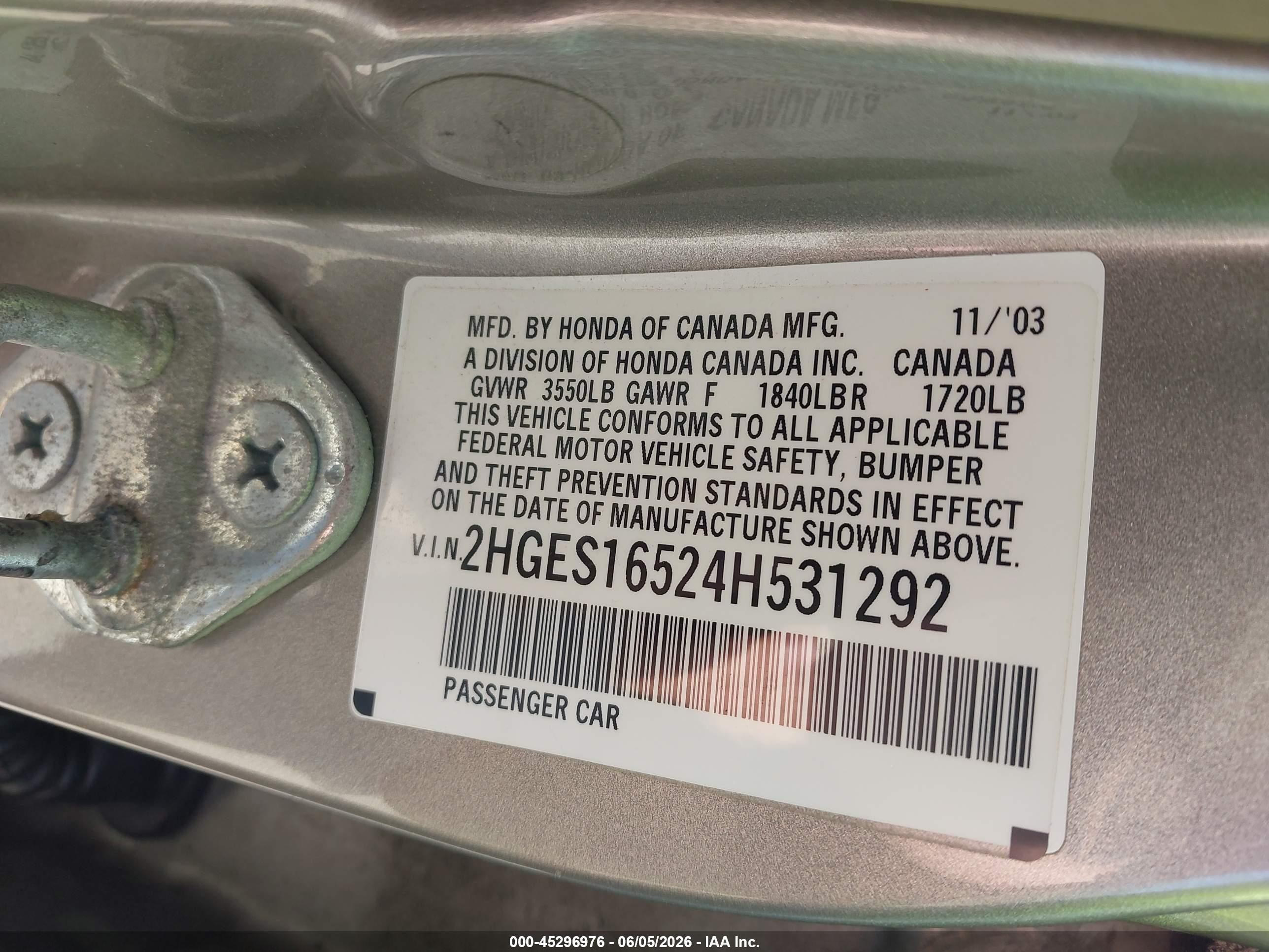 2004 Honda Civic Lx Gold vin: 2HGES16524H531292