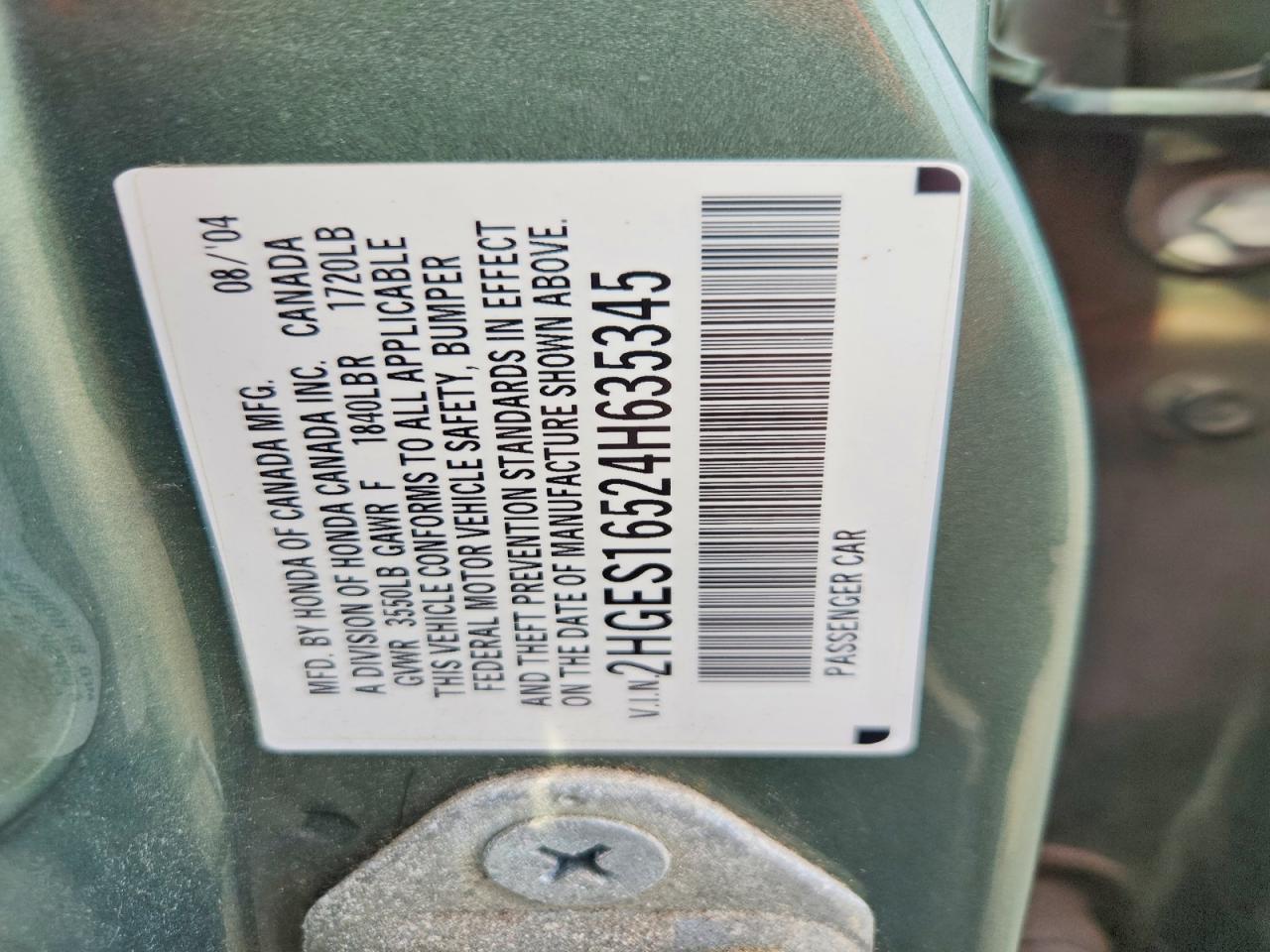 2004 Honda Civic Lx Green vin: 2HGES16524H635345