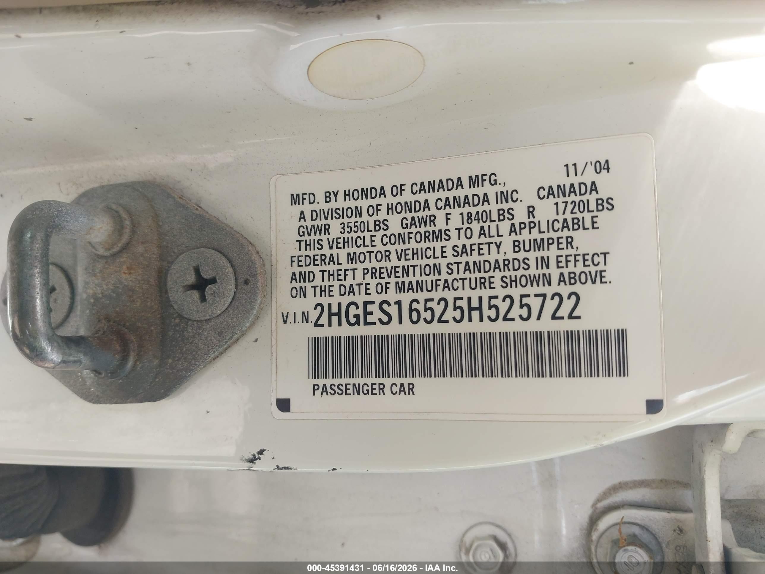2005 Honda Civic Lx White vin: 2HGES16525H525722