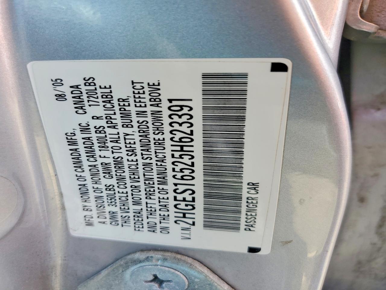 2005 Honda Civic Lx Серебряный vin: 2HGES16525H623391