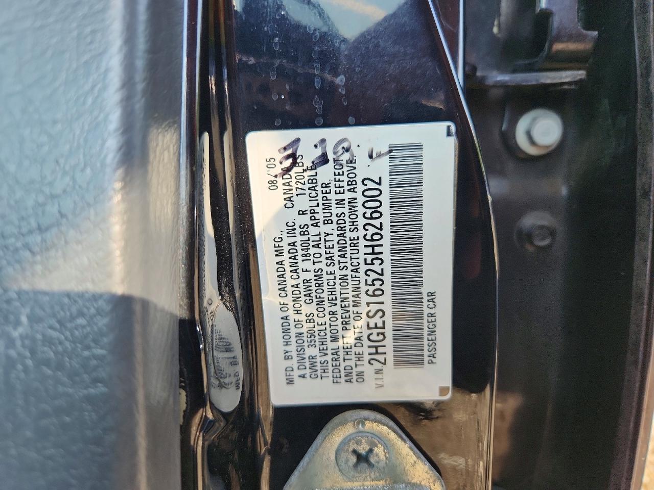 2005 Honda Civic Lx Черный vin: 2HGES16525H626002
