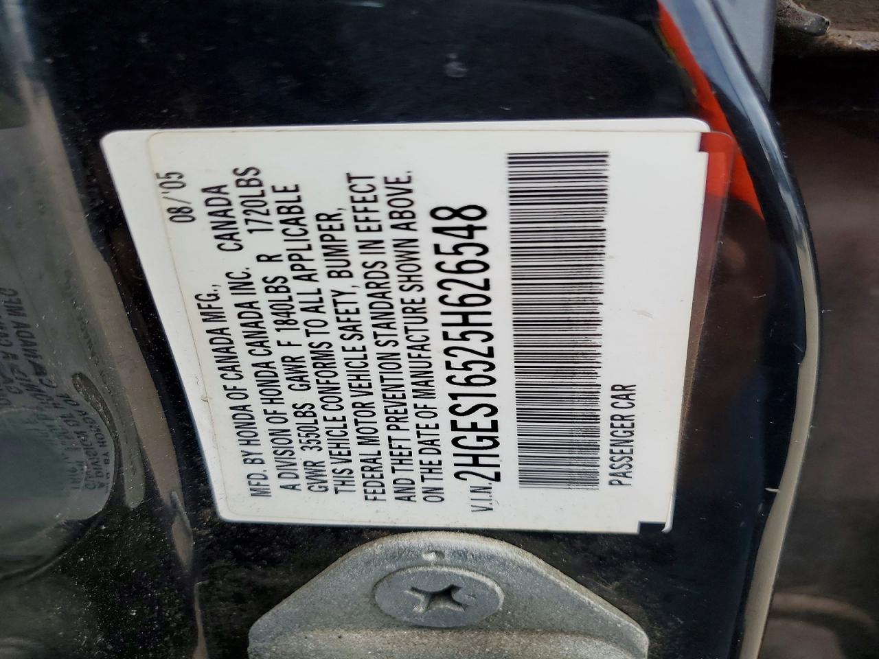 2005 Honda Civic Lx Черный vin: 2HGES16525H626548