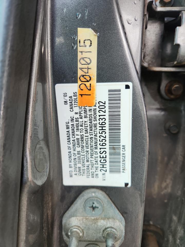 2005 Honda Civic Lx Gray vin: 2HGES16525H631202