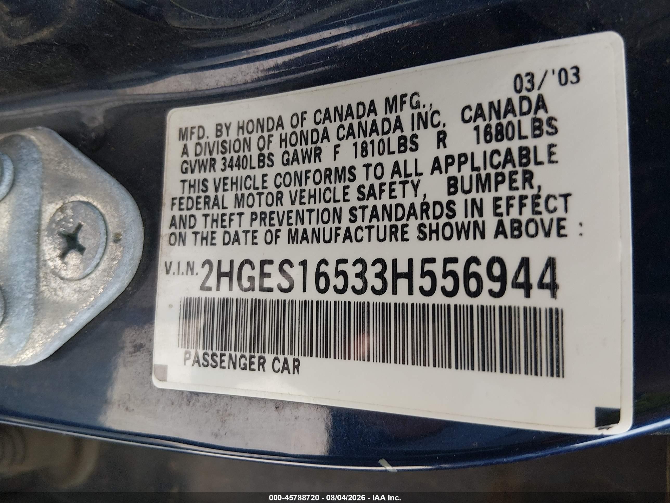 2003 Honda Civic Lx Blue vin: 2HGES16533H556944