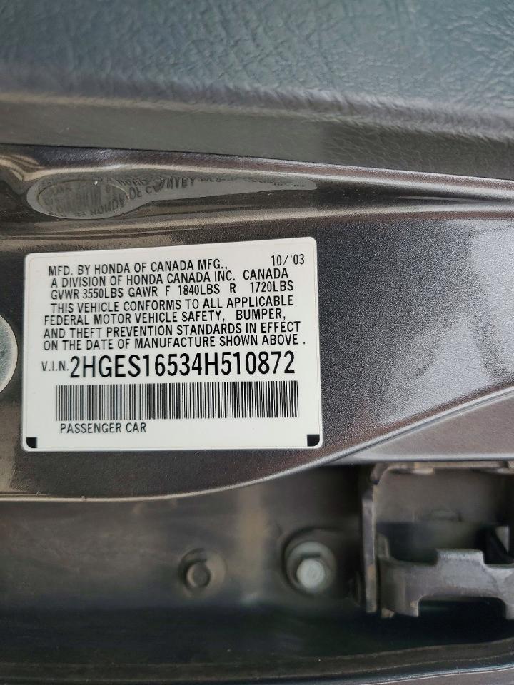 2004 Honda Civic Lx Серый vin: 2HGES16534H510872