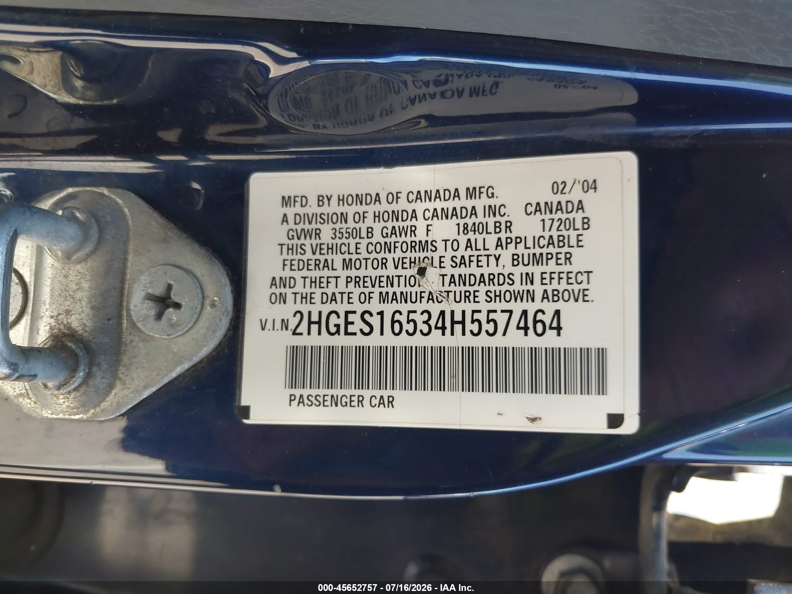 2004 Honda Civic Lx Blue vin: 2HGES16534H557464