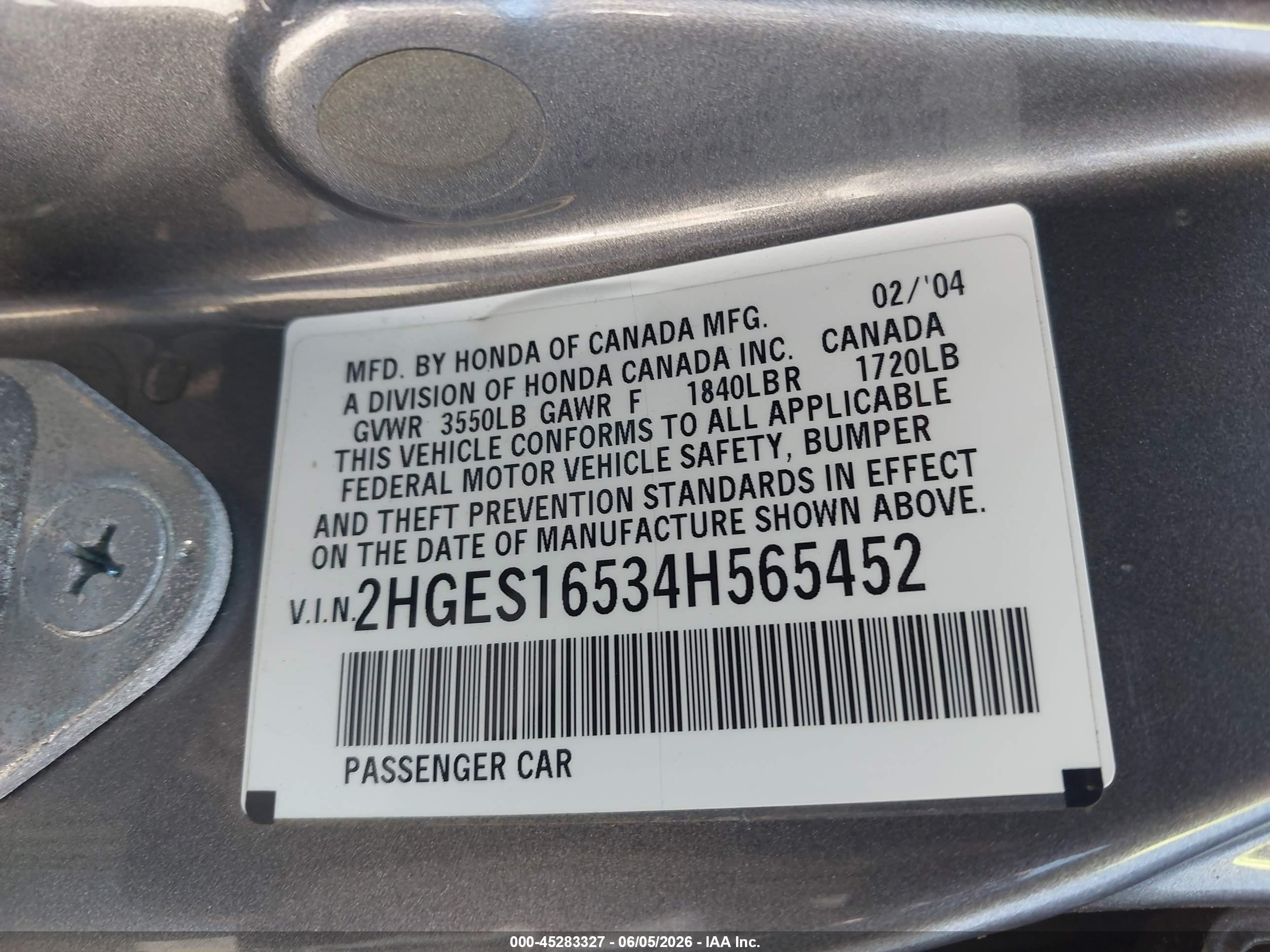 2004 Honda Civic Lx Gray vin: 2HGES16534H565452