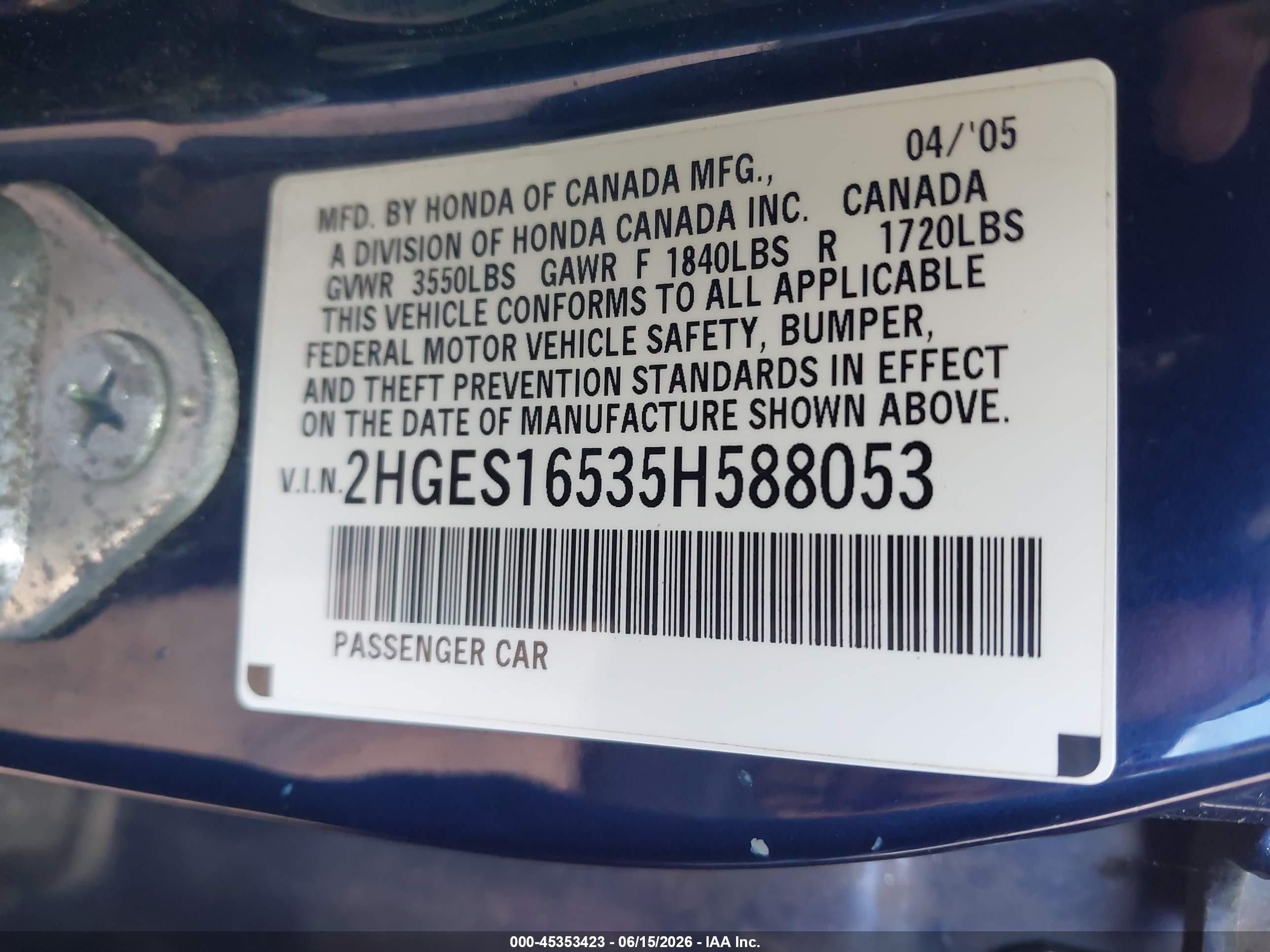 2005 Honda Civic Lx Dark Blue vin: 2HGES16535H588053