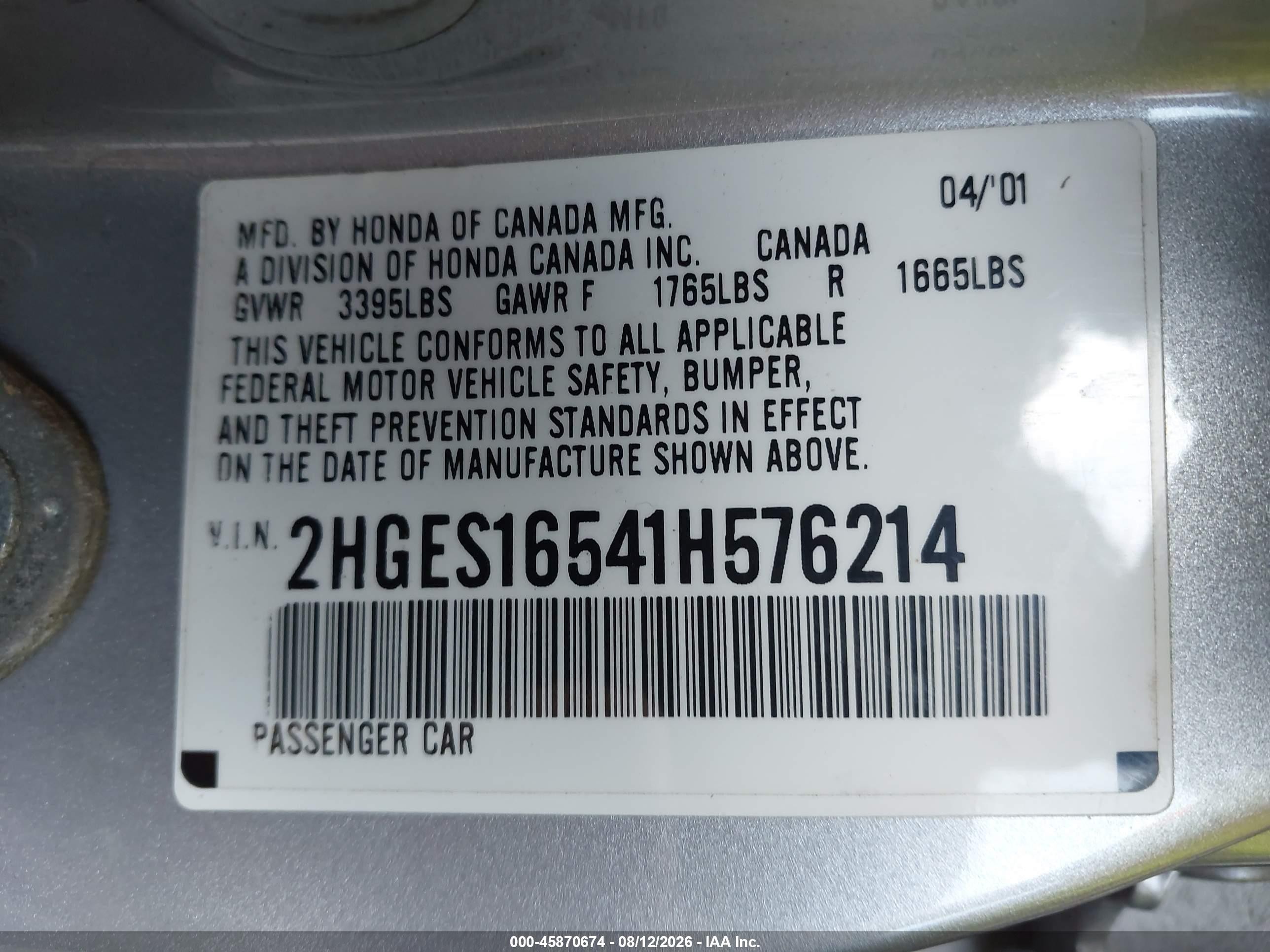 2001 Honda Civic Lx Silver vin: 2HGES16541H576214