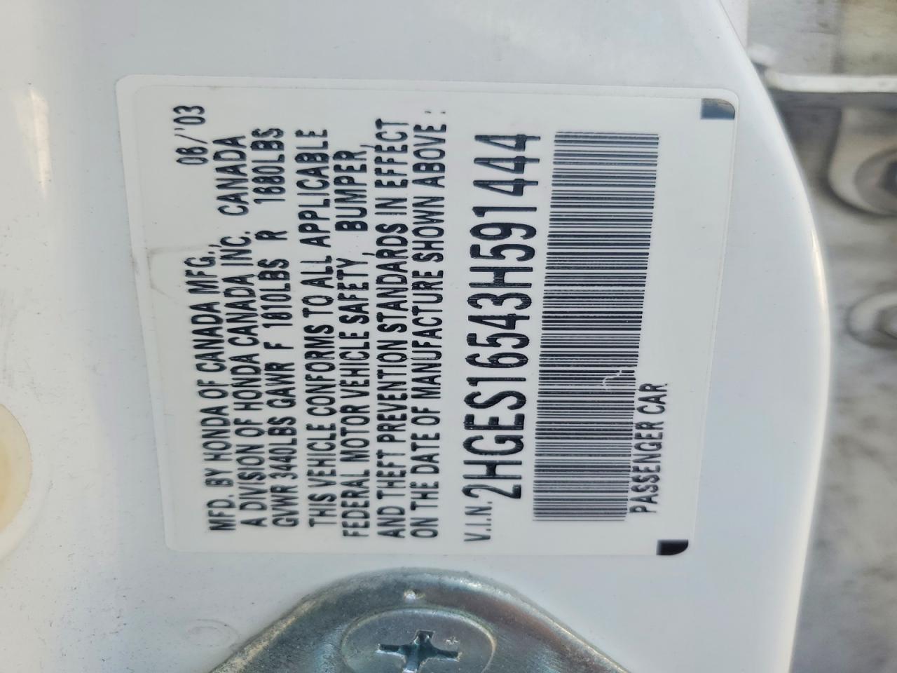 2003 Honda Civic Lx White vin: 2HGES16543H591444