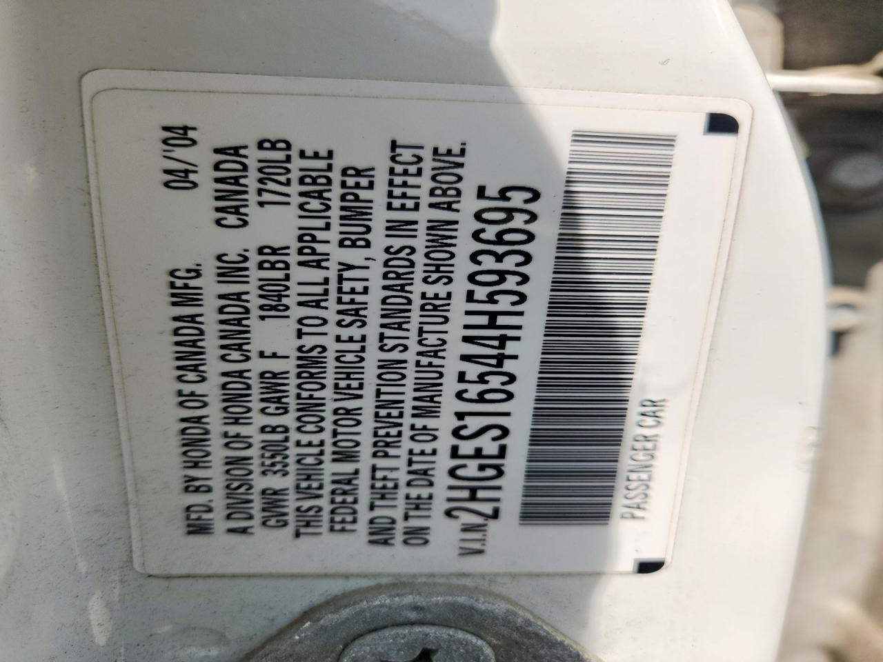 2004 Honda Civic Lx White vin: 2HGES16544H593695
