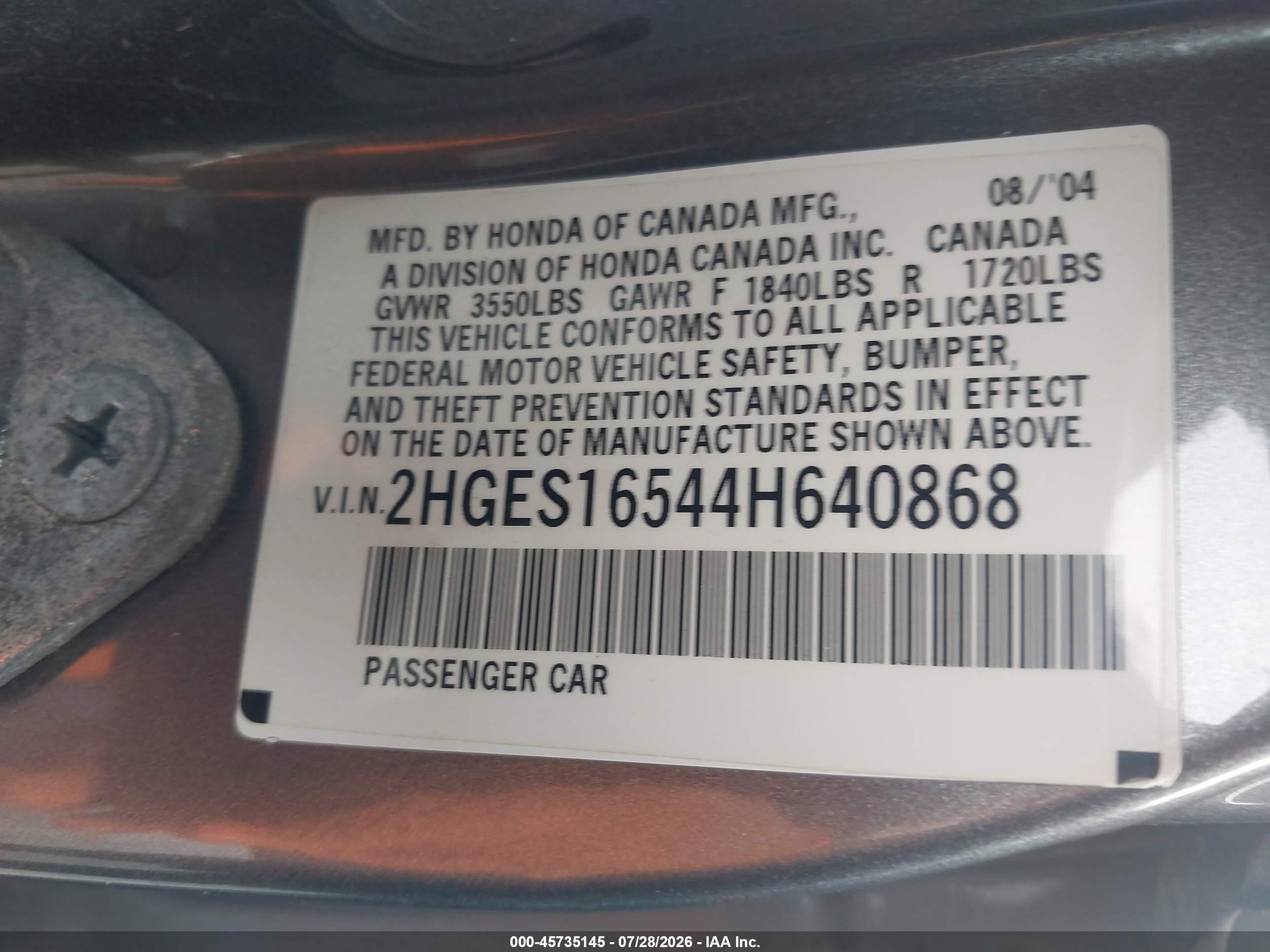 2004 Honda Civic Lx Gray vin: 2HGES16544H640868