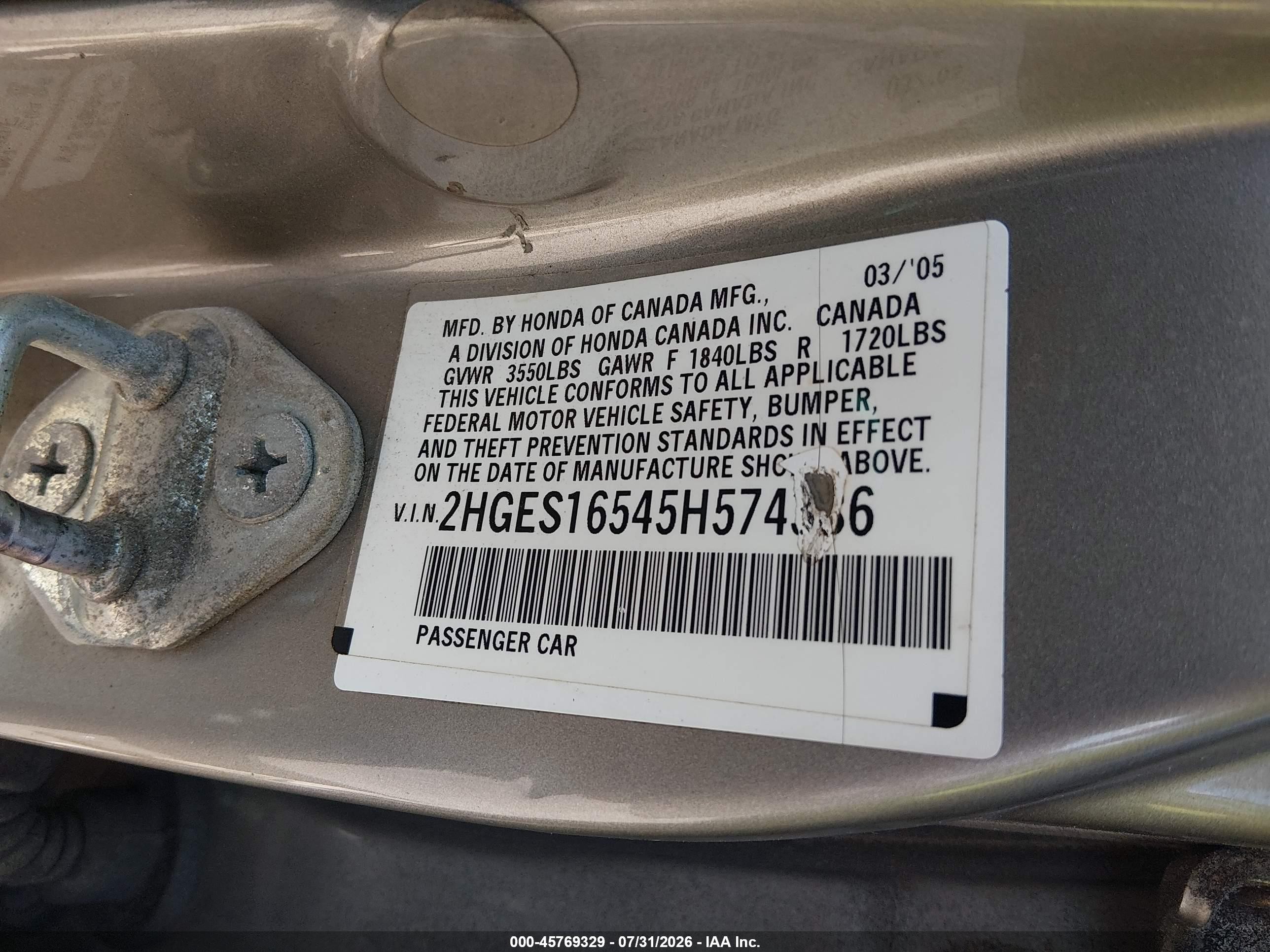 2005 Honda Civic Lx Champagne vin: 2HGES16545H574386